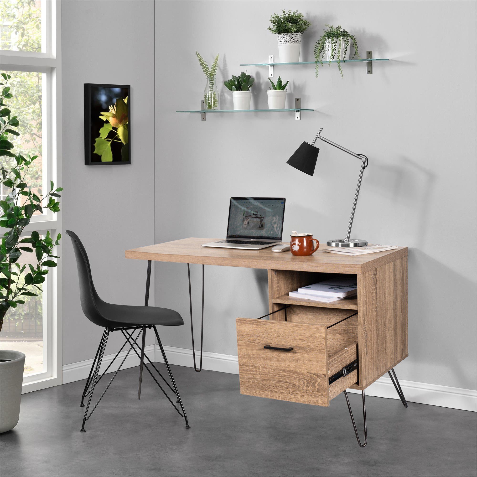 JINPALAY Schreibtisch Metallbeinen, Schublade (1 Holztisch ×71,5cm 115×50 mit Tisch), Designend und