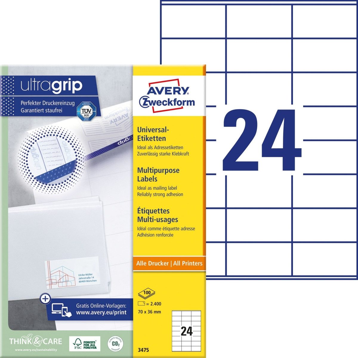 Avery Zweckform Etiketten Universal-Etiketten ultragrip 70x36 mm VE=2.400 Etiketten / 100 Bogen
