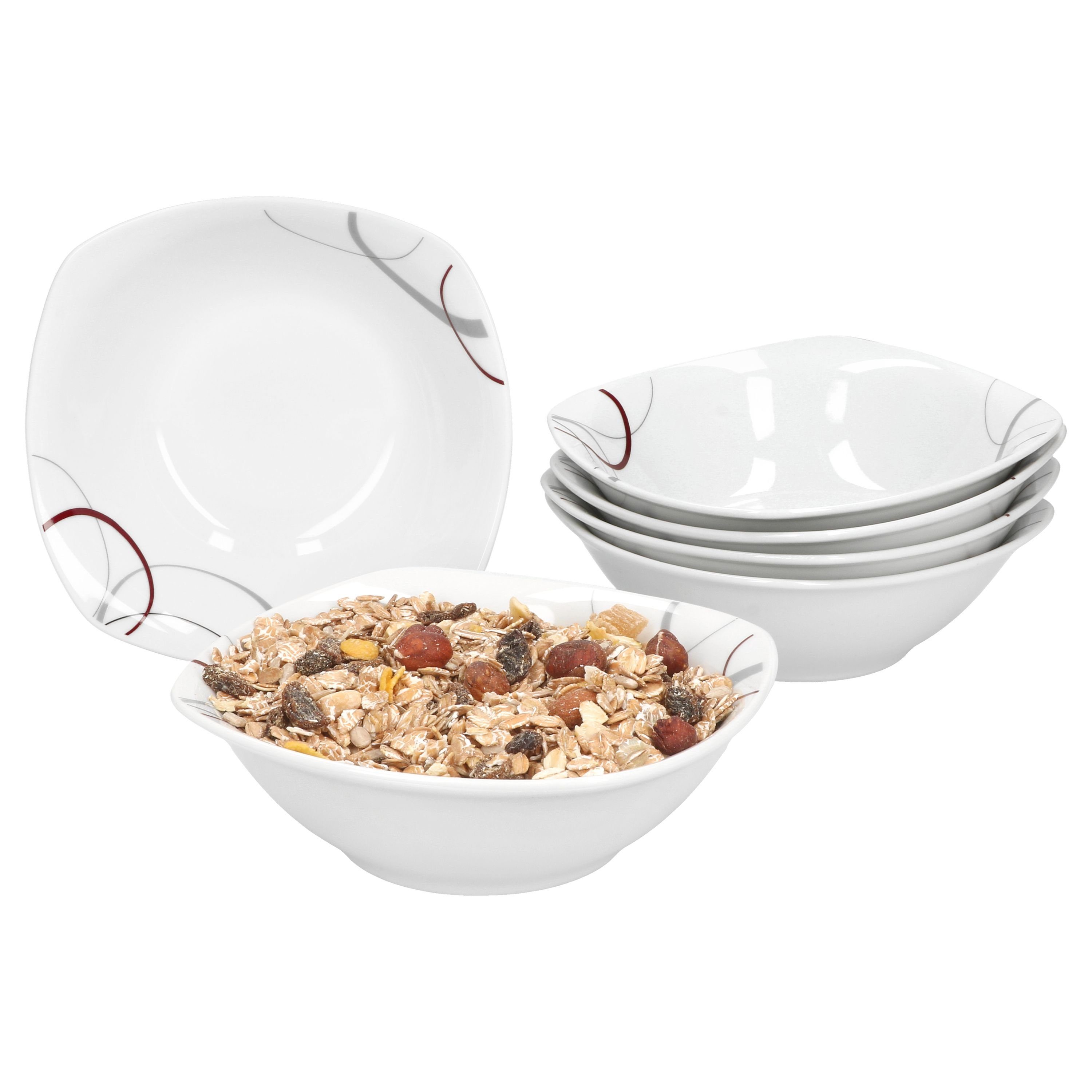 van Well Müslischale 6er Set Müslischale Palazzo 14,2cm - Porzellan Kreise in grau und rot, Porzellan
