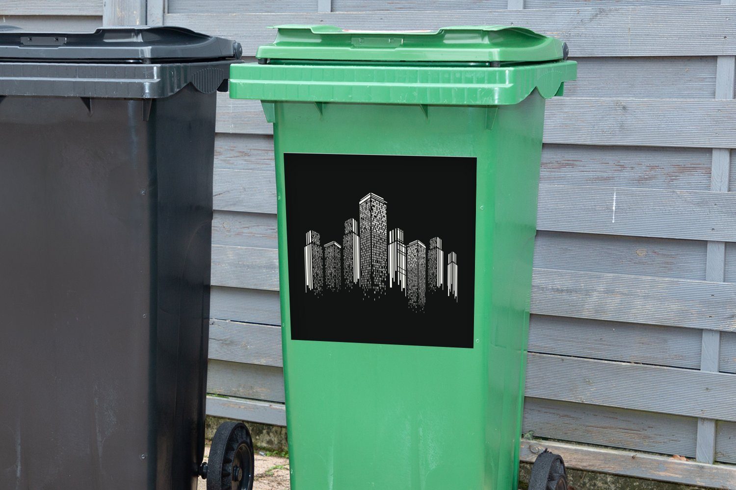 Eine einer Skyline Abfalbehälter (1 Sticker, Mülleimer-aufkleber, Wandsticker Mülltonne, Container, MuchoWow Schwarz-Weiß-Illustration St),