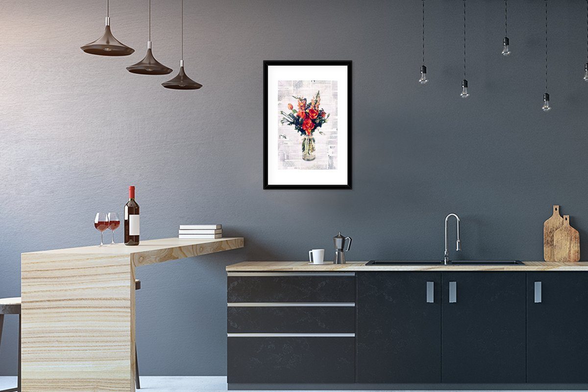 MuchoWow Poster Blumen - Zeitungen - Farben, (1 St), mit Rahmen, Kunstdruck, Gerahmtes Poster, Schwarzem Bilderrahmen