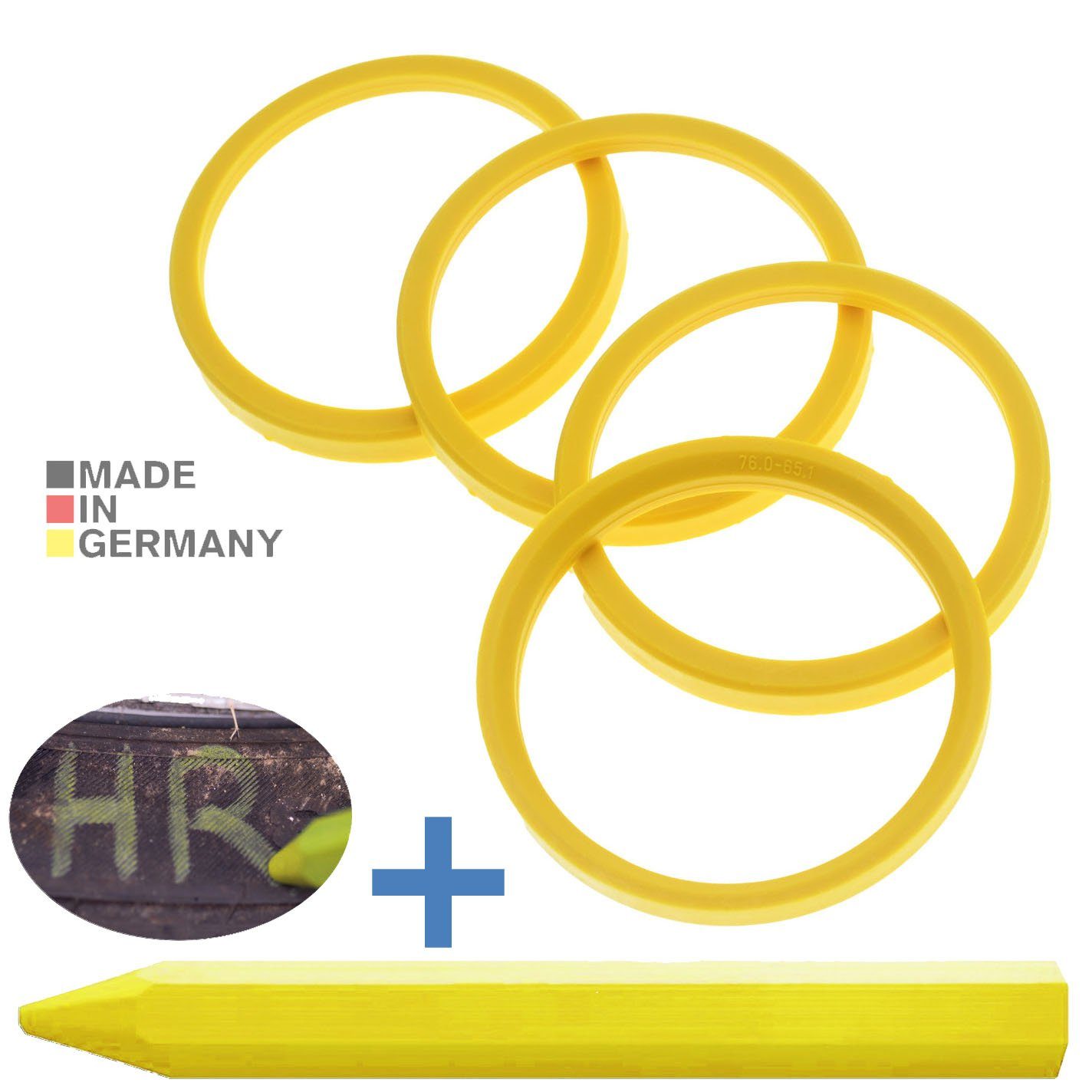 RKC Reifenstift 4X Zentrierringe Hellgelb Felgen Ringe + 1x Reifen Kreide Fett Stift, Maße: 76,0 x 65,1 mm | Reifenstifte