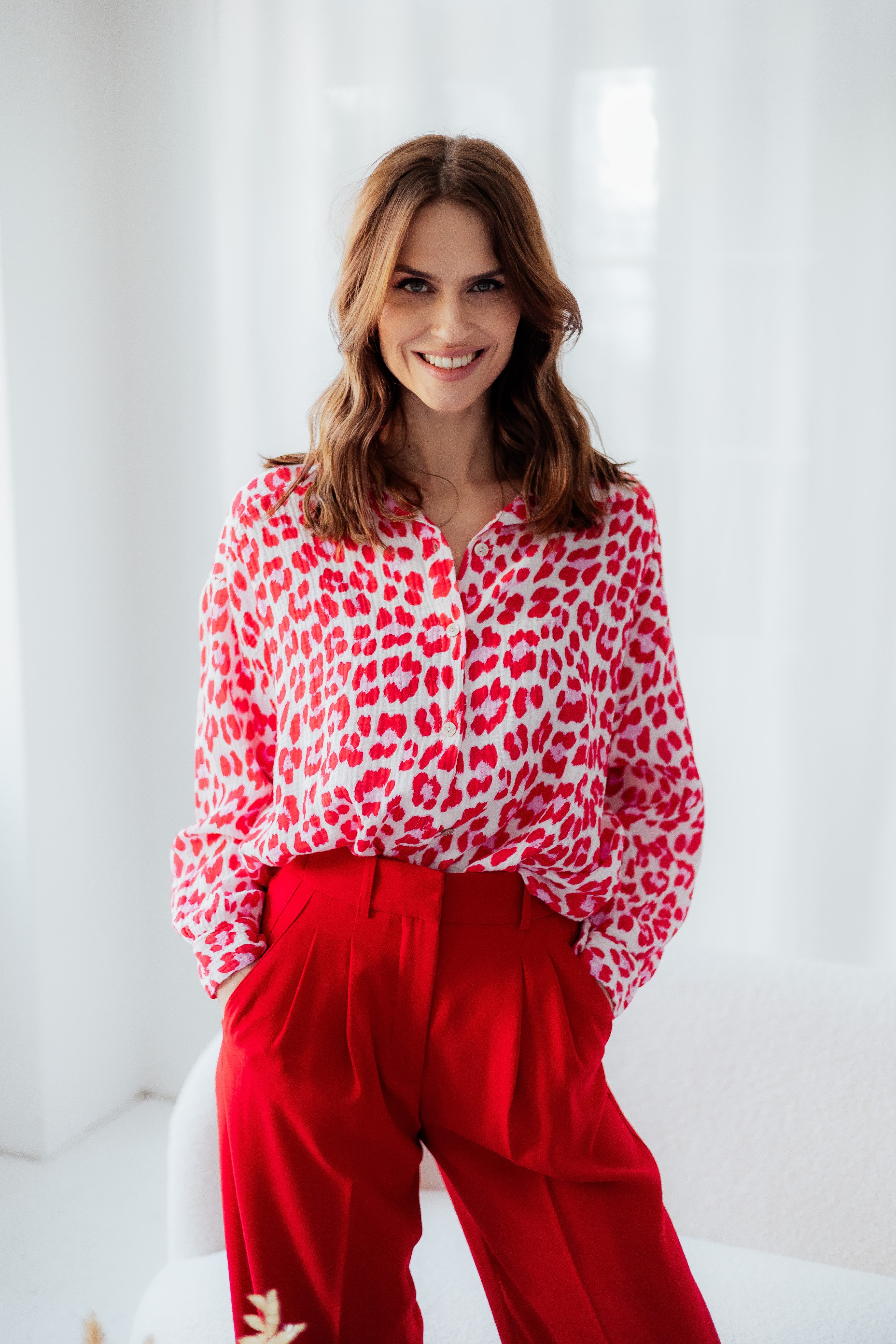 Langarmbluse Musselinbluse Leomuster Rot/Weiß – Baumwolle – Animalprint - Onesize