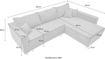INOSIGN Ecksofa Anela, inklusive Bettfunktion, Bettkasten, loser Zier- und Rückenkissen