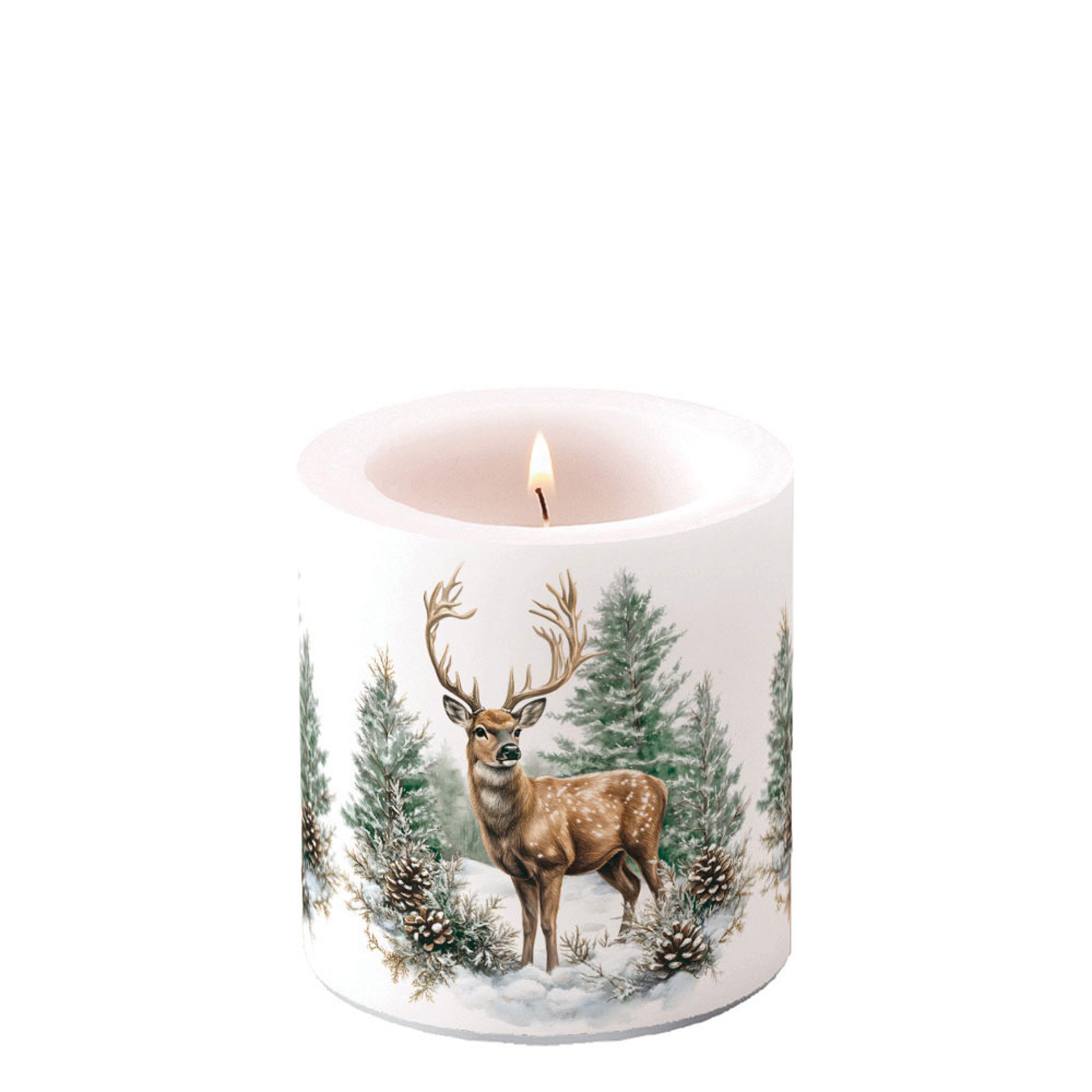 Ambiente Luxury Paper Products Stumpenkerze, Stumpenkerze Paraffin 7,5x9cm mit Hirsch im Winterwald Motiv Weiß