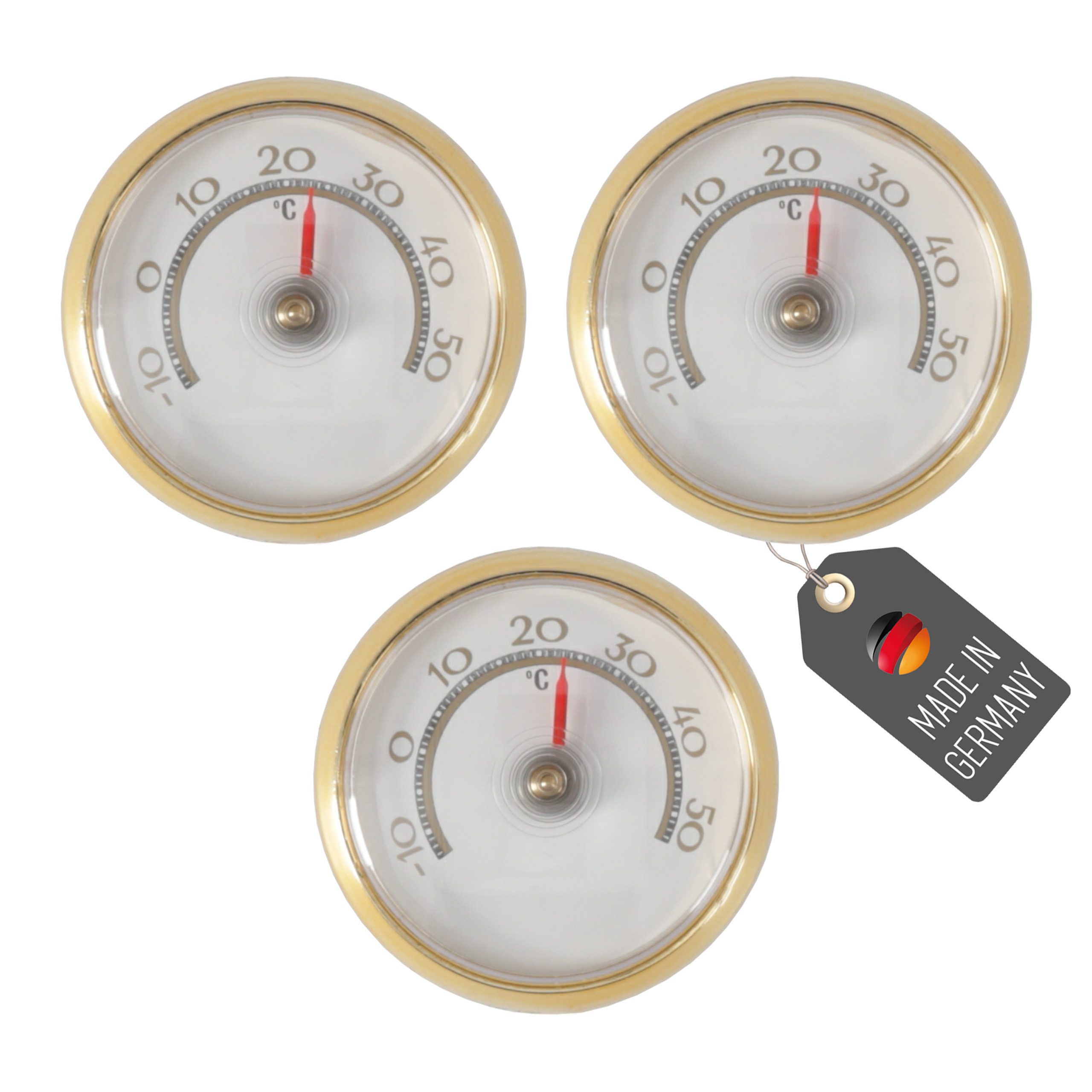 Lantelme Kühlschrankthermometer 3 Stück Selbstklebend Analog Gold Kühlschrank Thermometer, 3-tlg., Temperatur -10 bis +50°C, 5,2cm, Analog, Deutsche Herstellung