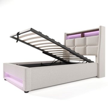 WISHDOR Polsterbett Bett (LED Einzelbett mit Lattenrost aus Metallrahmen, Jugendbett), 90x200cm, Ohne Matratze