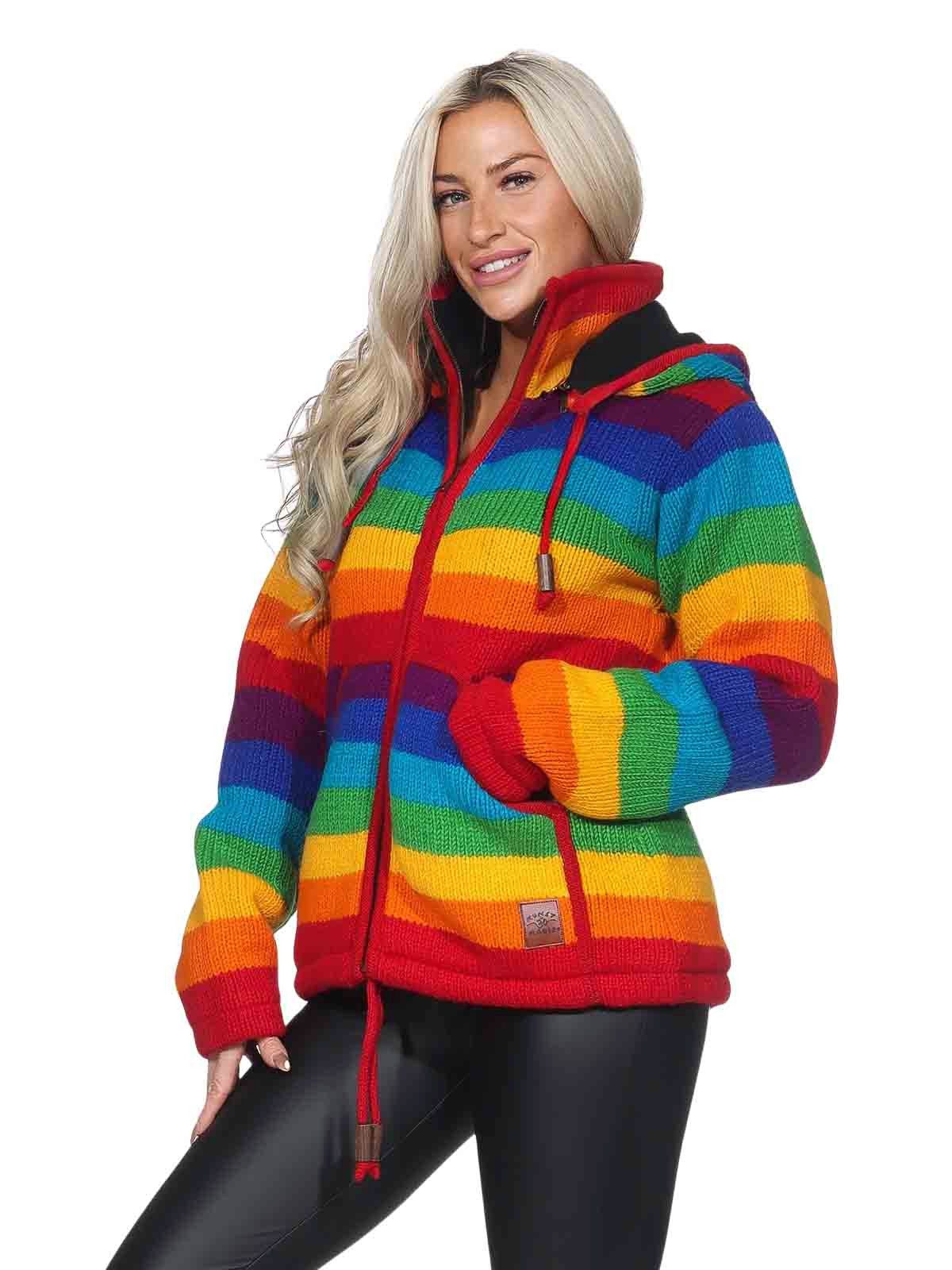 KUNST UND MAGIE Kapuzenstrickjacke Damen Regenbogen Strickjacke Wolle +Fleecefutter&abnehmbarer Kapuze