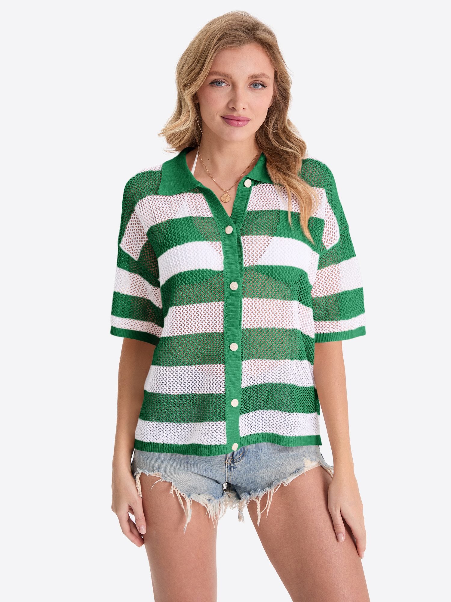 Strickjacke Damen Gestreifter Kurzarm Strickcardigan