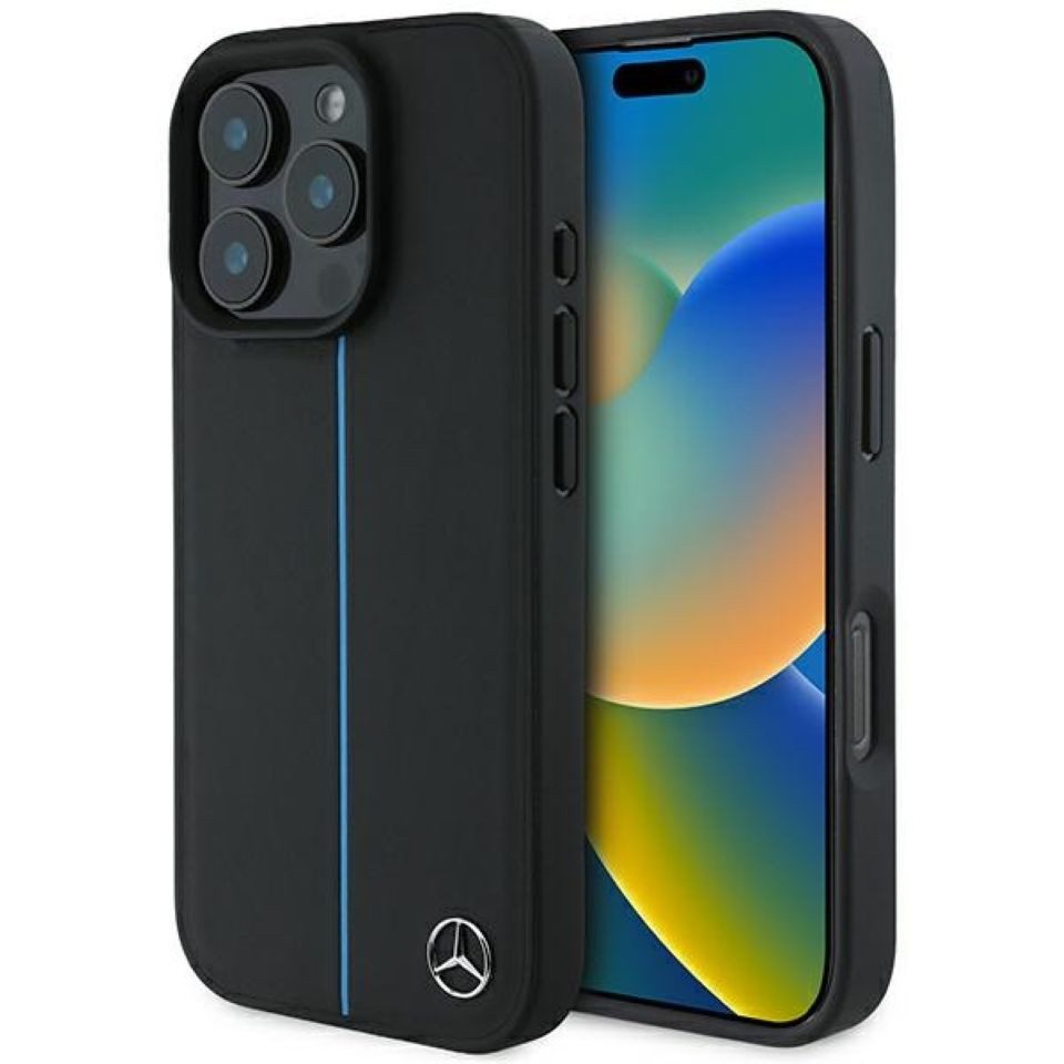 Mercedes Benz Handyhülle Case iPhone 16 Pro Max MagSafe Echtleder schwarz blau Stern 6,9 Zoll, Kantenschutz