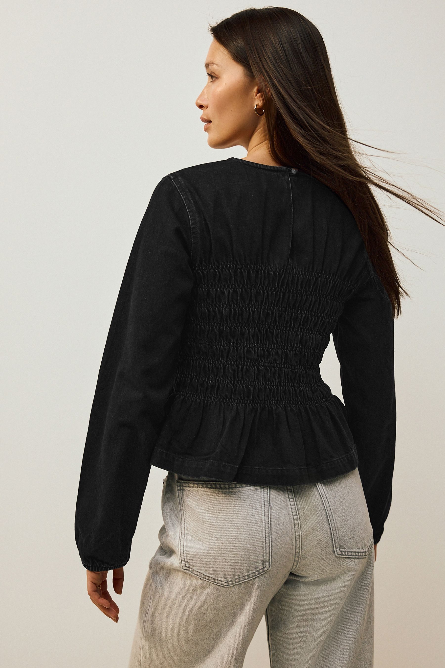 Next Langarmbluse Geraffte langärmelige Denim-Bluse (1-tlg) günstig online kaufen