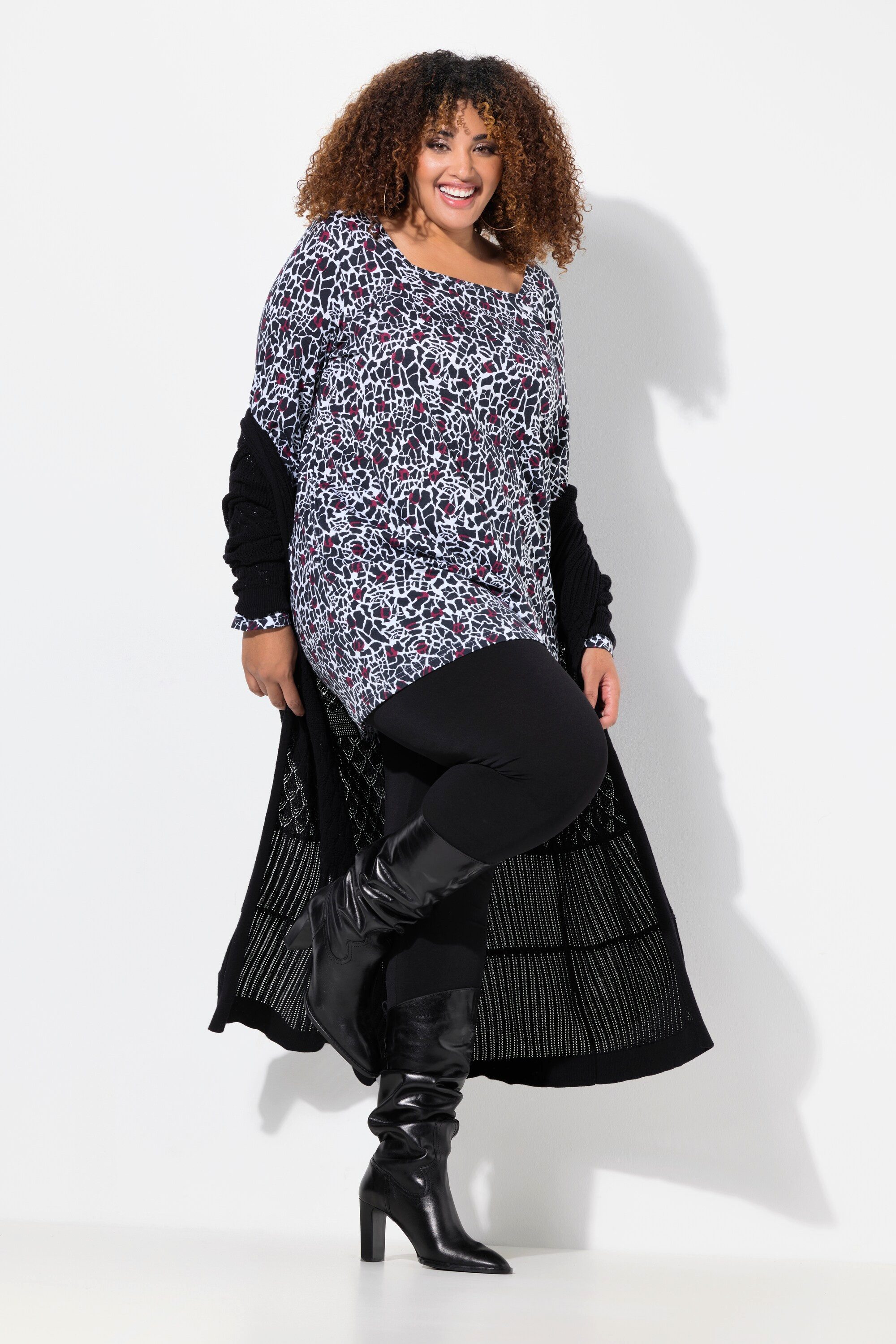 Ulla Popken Longshirt Longshirt gemustert A-Linie Carree-Ausschnitt