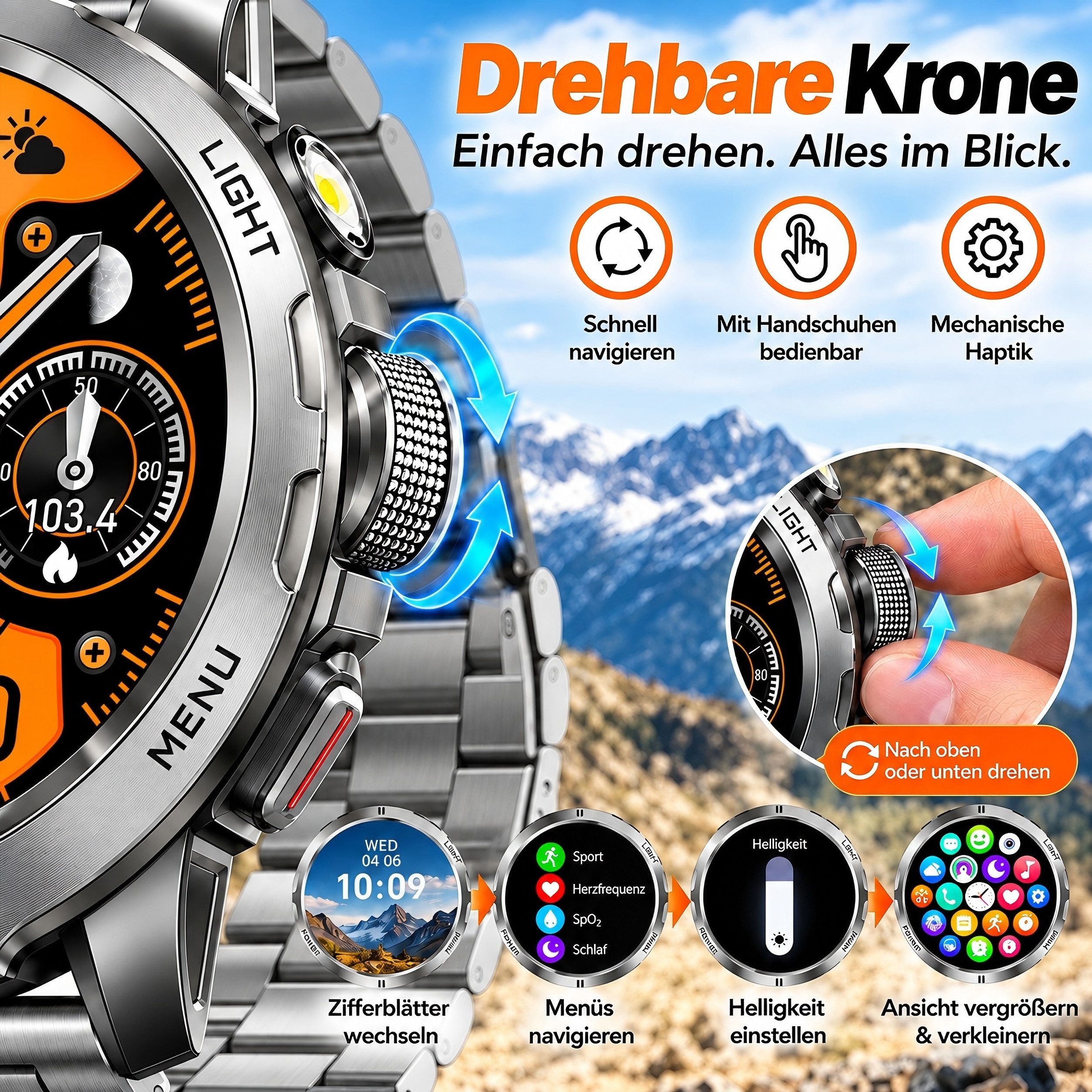 Whraills 2026 Herren Militär-Smartwatch mit 1,85" AMOLED und 75 Tagen Standby Smartwatch, Herren-Fitnessuhr, mit IP68+5ATM, 24/7 Herzfrequenz, SpO₂, Blutdruck & – Bild 3 von 5