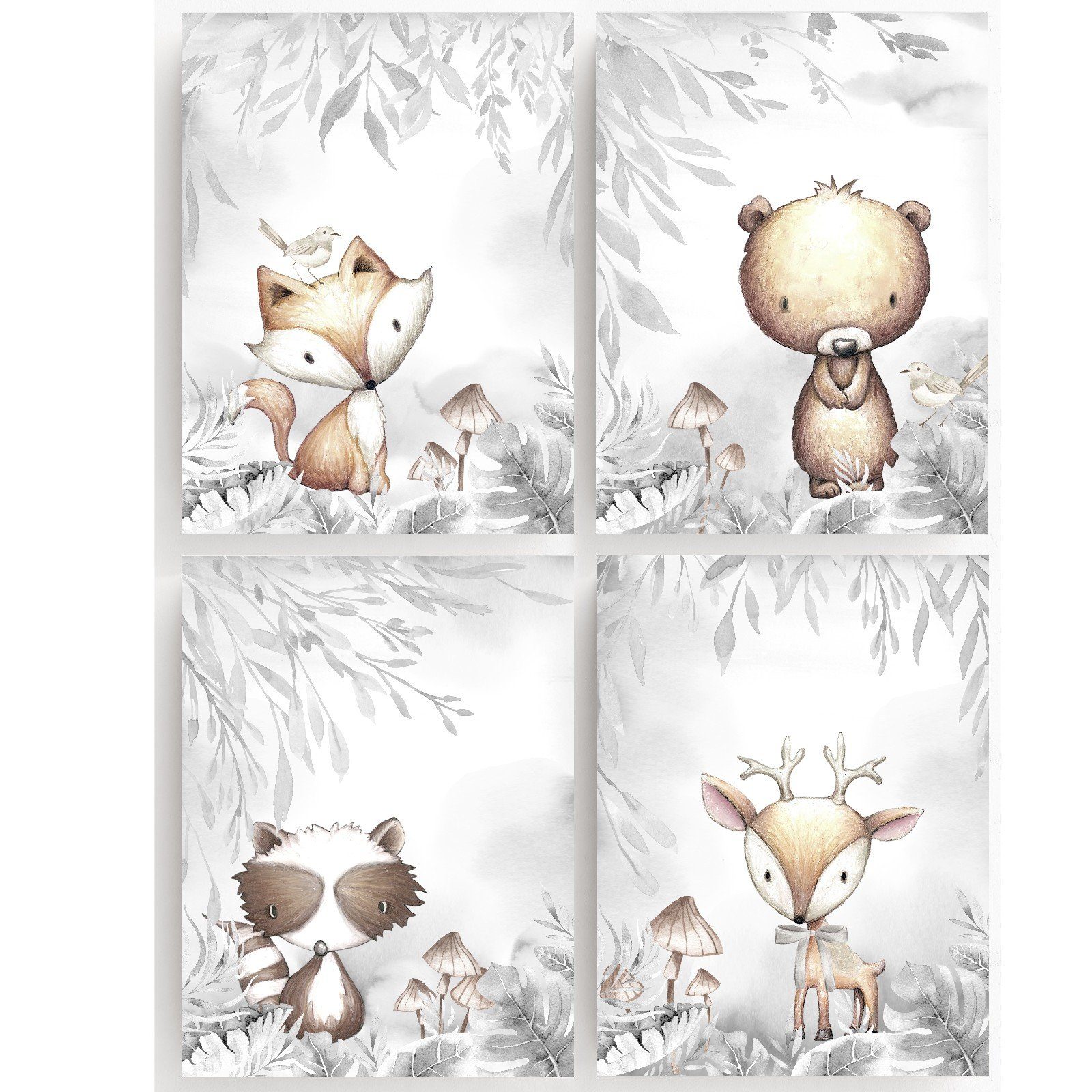 homestyle-accessoires Плакат Изображенияset Kinderbilder WALDTIERE BÄR REH FUCHS DACHS 4er SET, - Ohne Изображенияrahmen - sorgfältige & sichere Verpackung