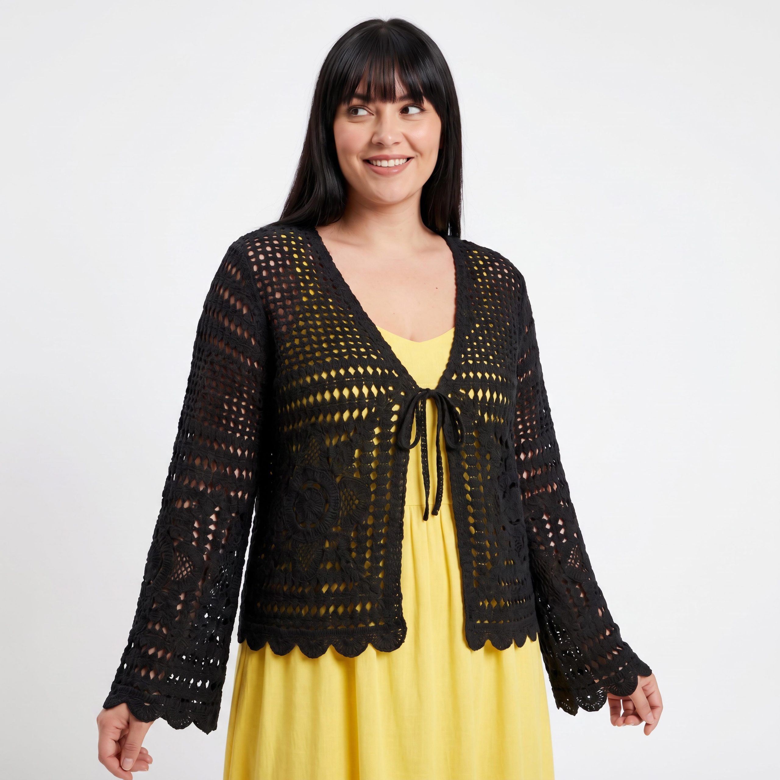 OriginalYou Strickjacke Cardigan leichte Sommerjacken Damen mit Schnürung Häkeljacke modernes Häkelmuster, weiter Ärmelabschluss, Gr. 42-46, mit Bindeband
