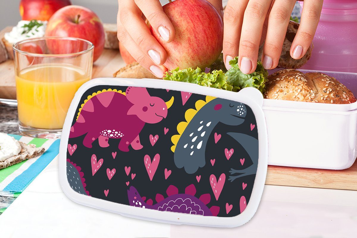 Lunchbox - Kind (2-tlg), für Brotdose, Jungs für Erwachsene, Brotbox und und Kinder - Mädchen MuchoWow weiß - - Rosa Muster Dinosaurier Kunststoff, Mädchen,