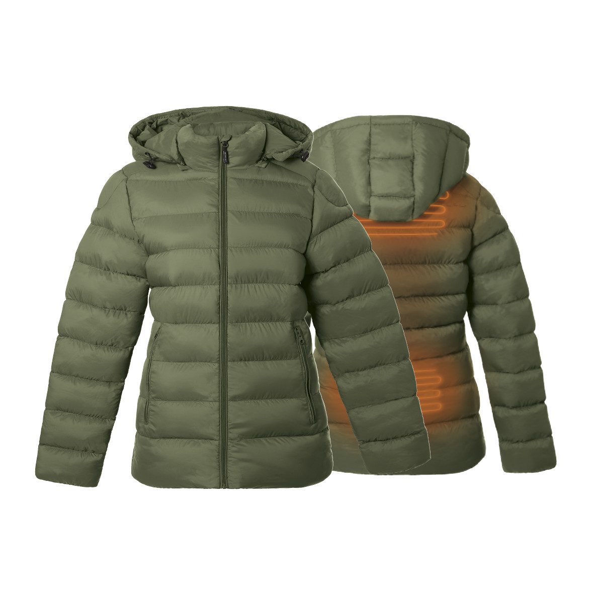 30seven Steppjacke beheizte Steppjacke Slim Fit mit verstellbarer Kapuze - Khaki 5V Set inkl. 2 Powerbanks & Ladegerät