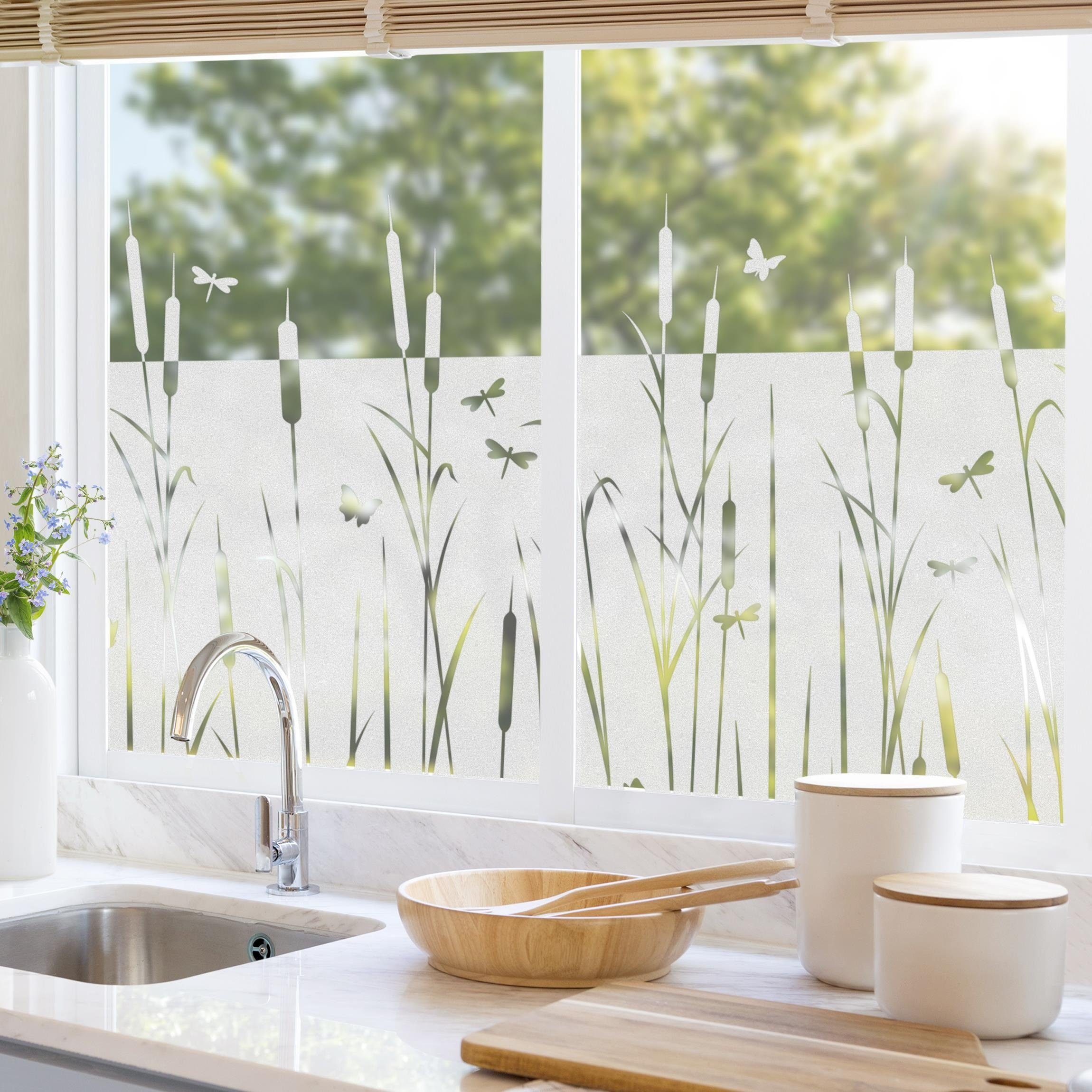 Bilderdepot24 Fensterfolie statisch haftend Motiv Fensterdeko Schilf Libellen Schmetterlingen, blickdicht, Innen Fenster Tür Balkontür Küche Badezimmer Wohnzimm – Bild 4 von 5