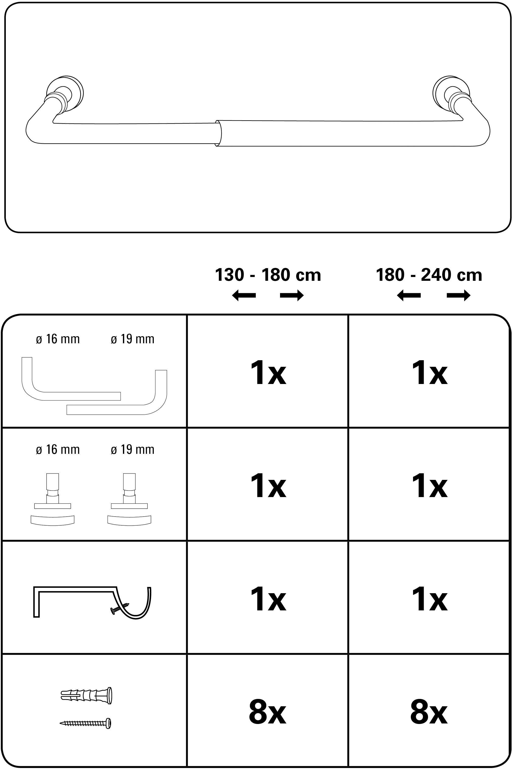 Ø Ø Lisa 1-Lauf mit 19 1-läufig, mm, mit 19 Bogen Gardinenstangen Fixmaß, Bogen Gardinenstange Set mm, GARDINIA, 1-Lauf