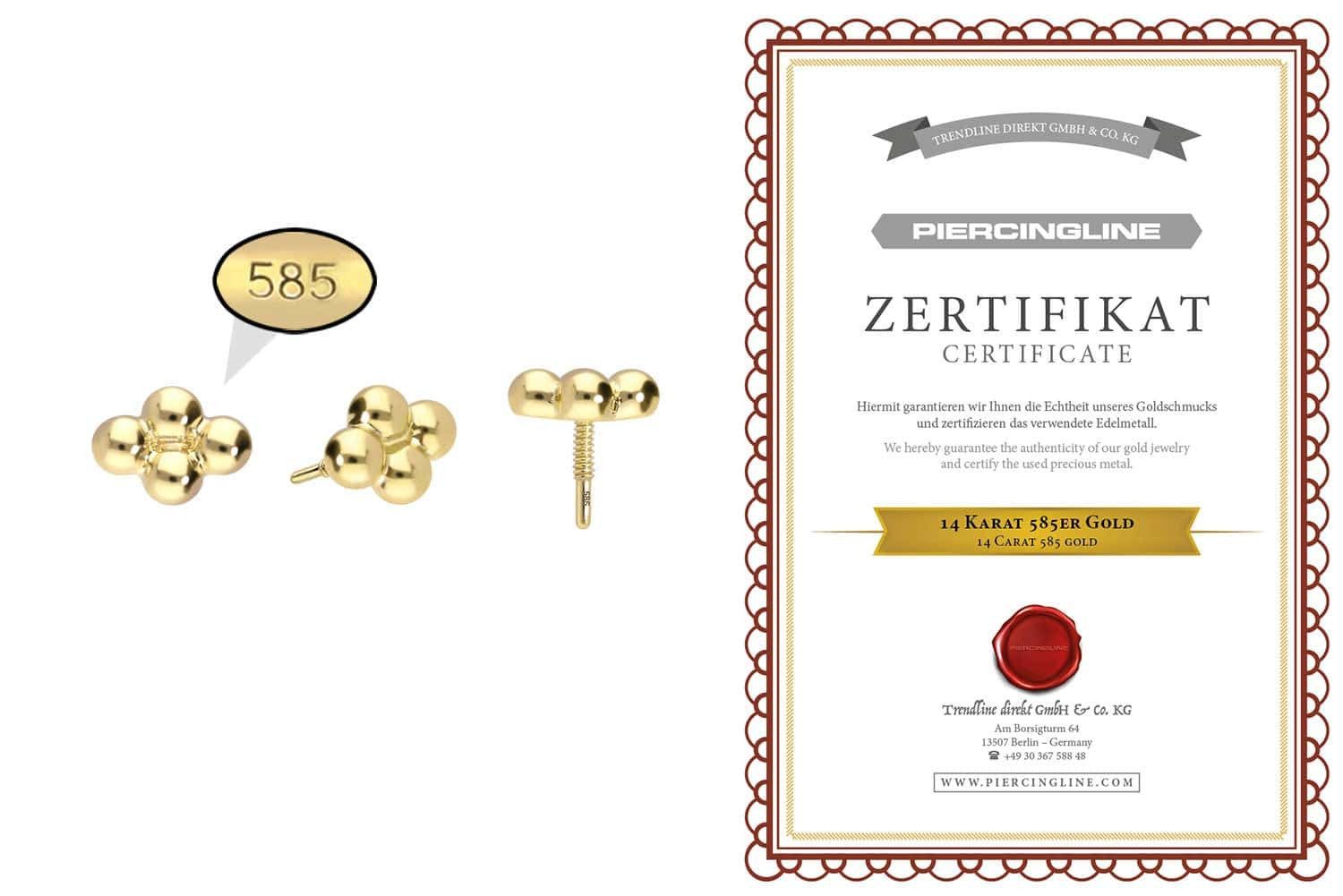 PIERCINGLINE Piercing-Set 14 Karat Gold Schraubaufsatz mit Außengewinde 4 KUGELN (Schraub-Aufsätze, 1-tlg)