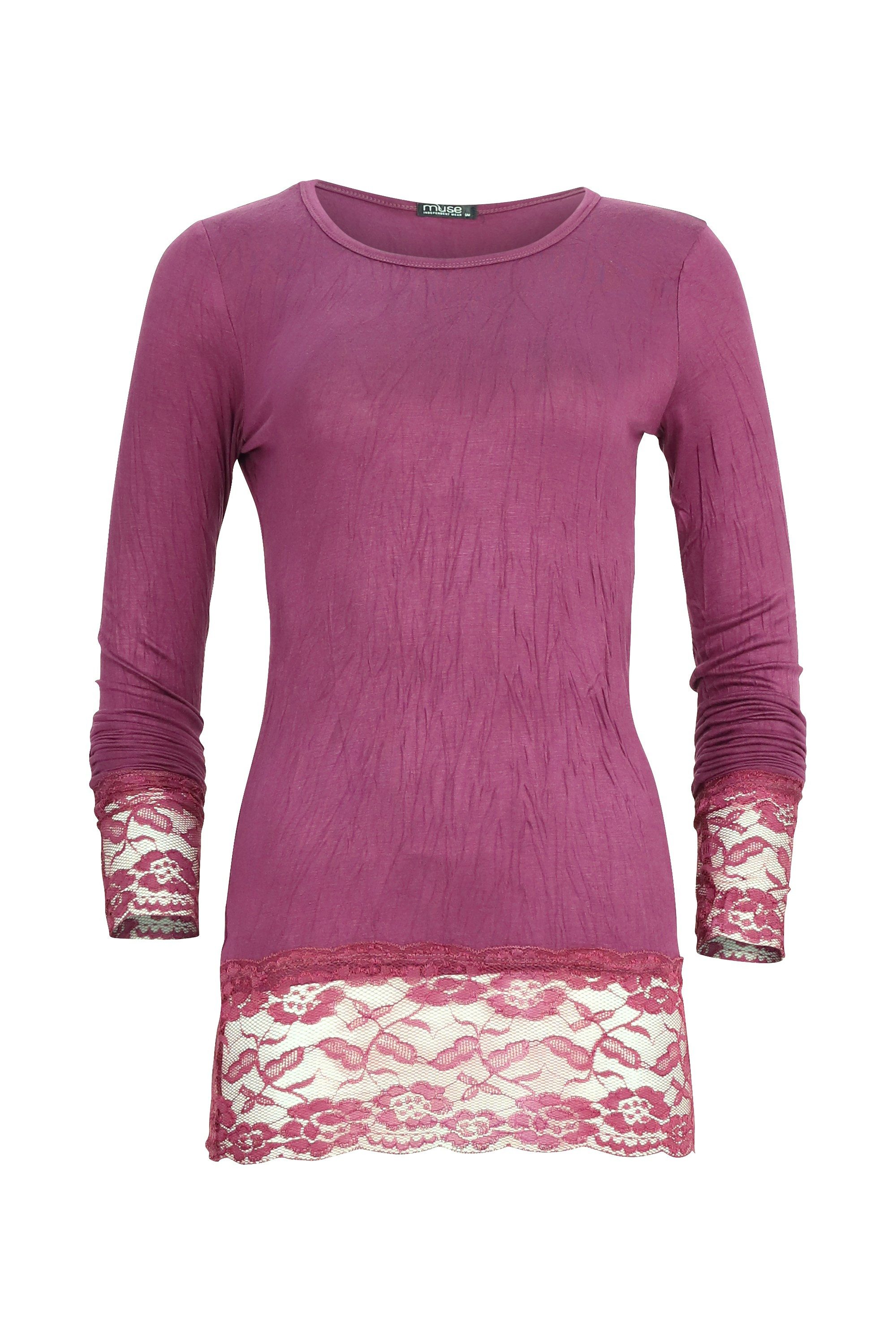 Muse Rundhalsshirt Langarm Longshirt mit Spitzensaum 0998