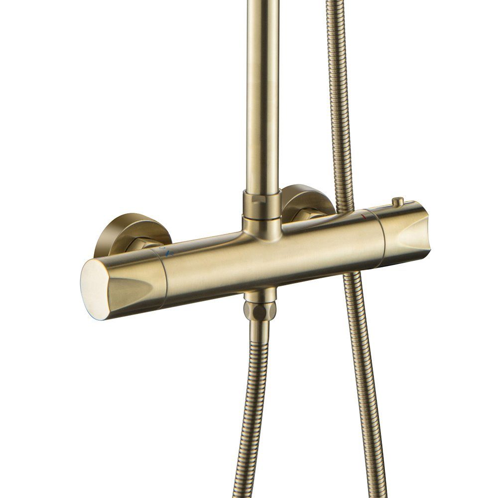 Aloni Duschsystem OPT1-BG, Höhe 120 cm, komplett_set, 1 tlg., Handbrause, Wandhalter, Brauseschlauch, Armatur, Thermostat-Duschgarnitur mit Kopfbrause Handbrause Gold gebürstet