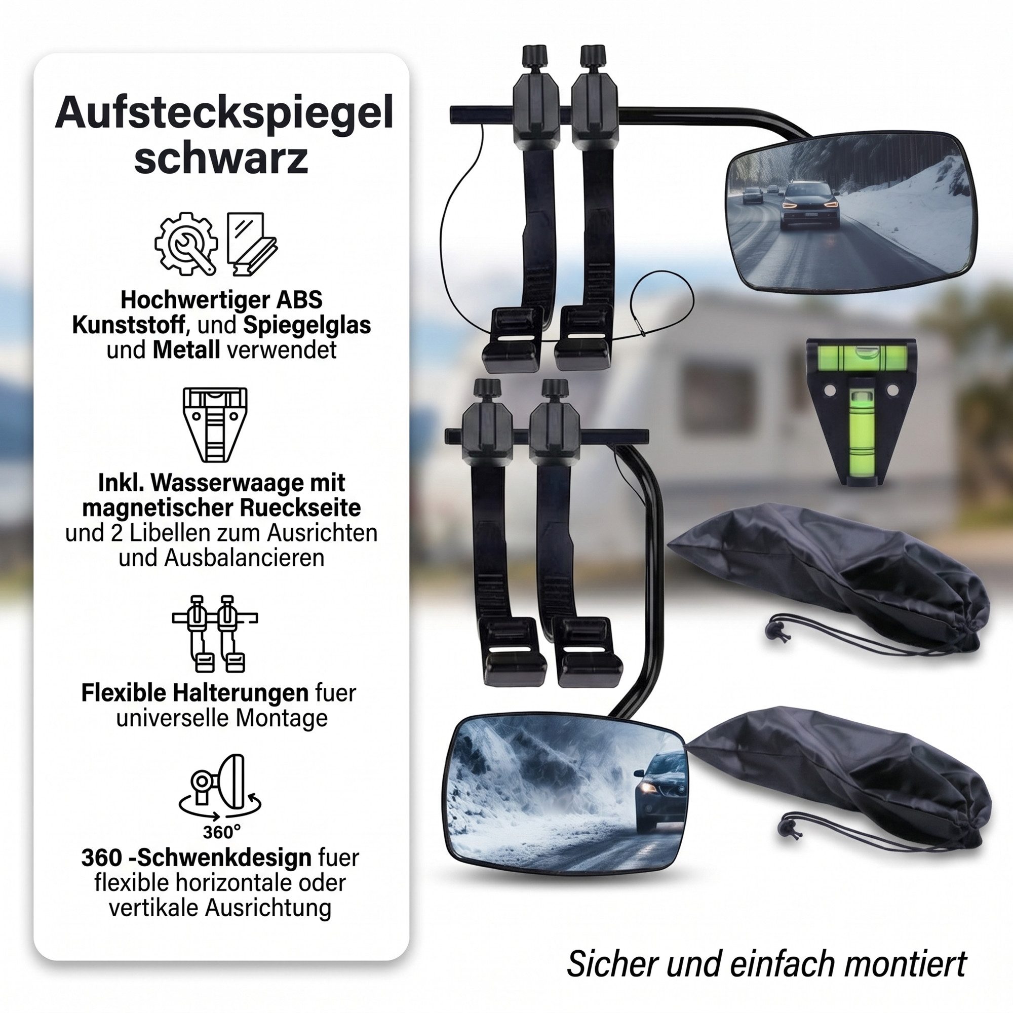 Mucola Autospiegel Aufsatzspiegel Universal Wohnwagenspiegel Caravanspiegel Konvexspiegel (Set, 2-St., Stück), links, rechts, inkl. Wasserwaage und Aufbewahrungstaschen
