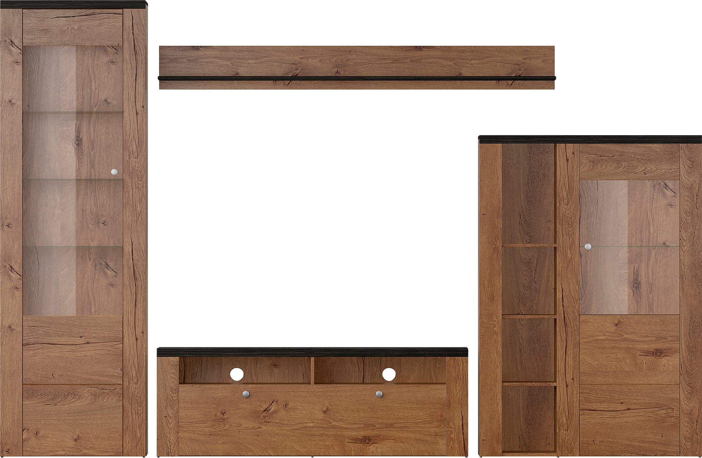 Home affaire Wohnwand Larona, Anbauwand, Set 4 Teilig, (Set, 4-St), bestehend aus 1 TV-Board, 1 Highboard, 1 Vitrine, 1 Wandregal