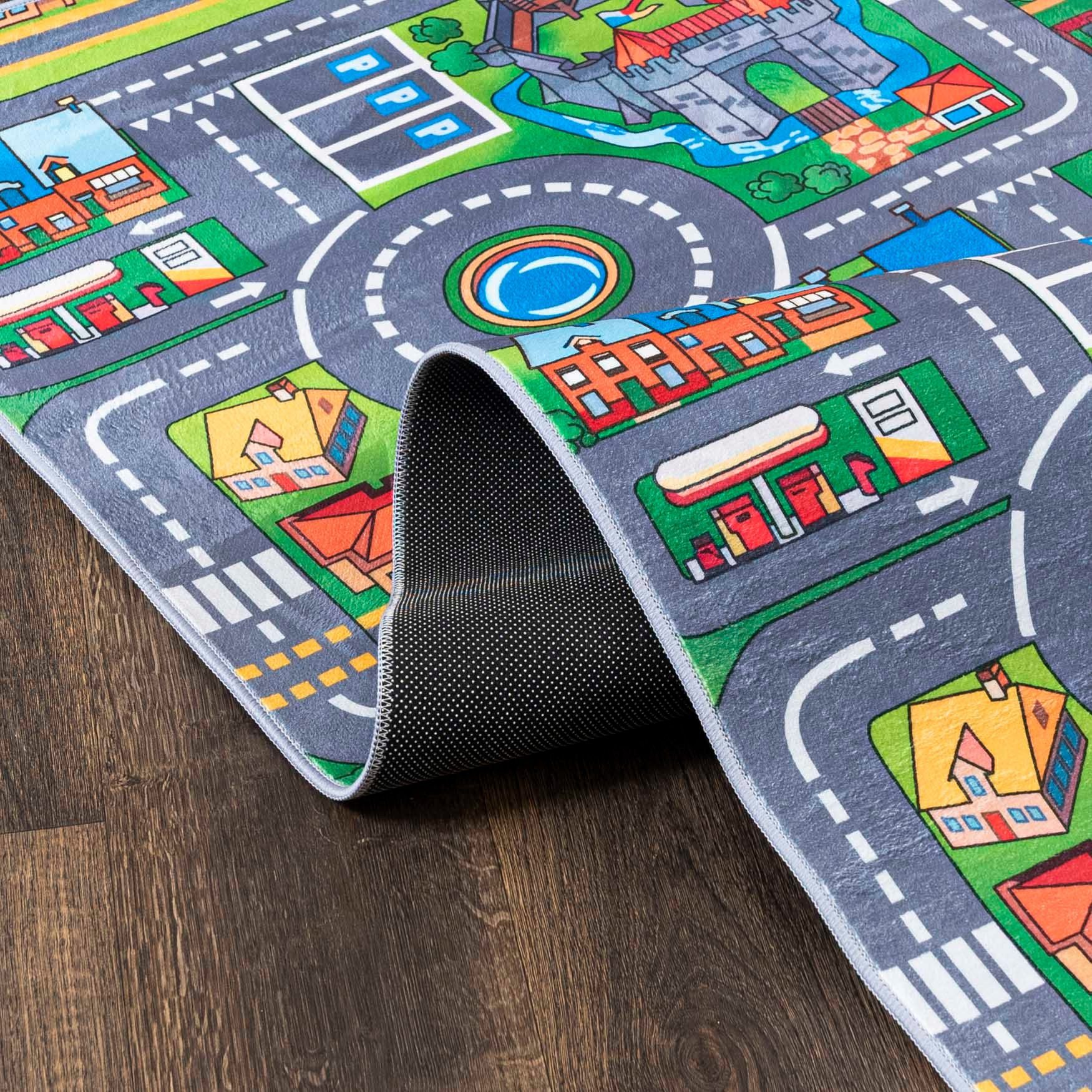 Mazovia Kinderteppich Kinderteppich Spiel Teppich Kinderzimmerteppich Straße Grün Grau, 80 x 150 cm, Fußbodenheizung, Allergiker geeignet, Rutschfest