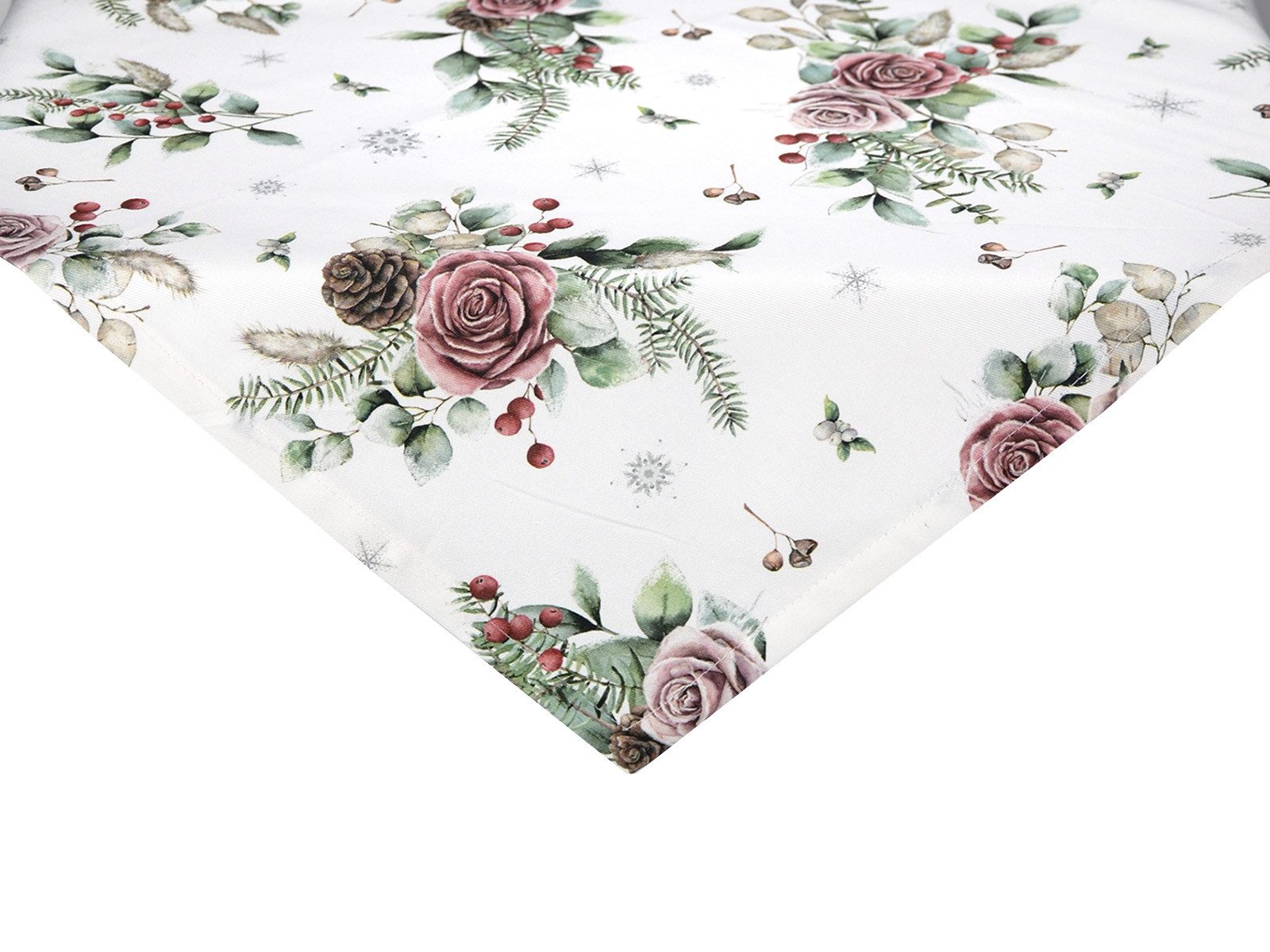 beties Mitteldecke Magie des Winters Frost-Rose (1-tlg, 1 Stück Mitteldecke), mit Rosen, Kiefernzapfen und Zweigen