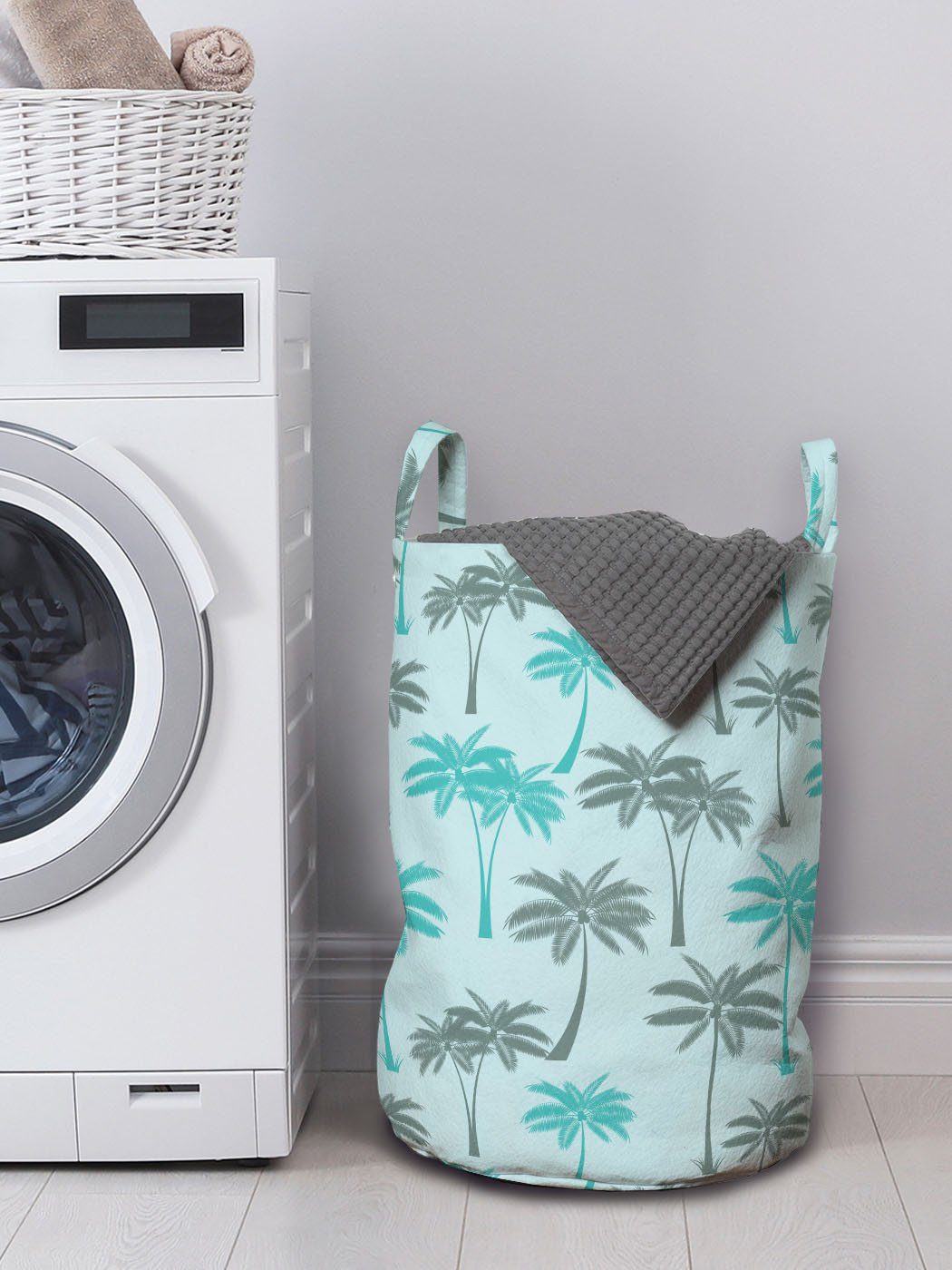 Waschsalons, Abakuhaus Kordelzugverschluss mit Griffen Wäschekorb Exotische für Blätter Wäschesäckchen Palmen-Motiv
