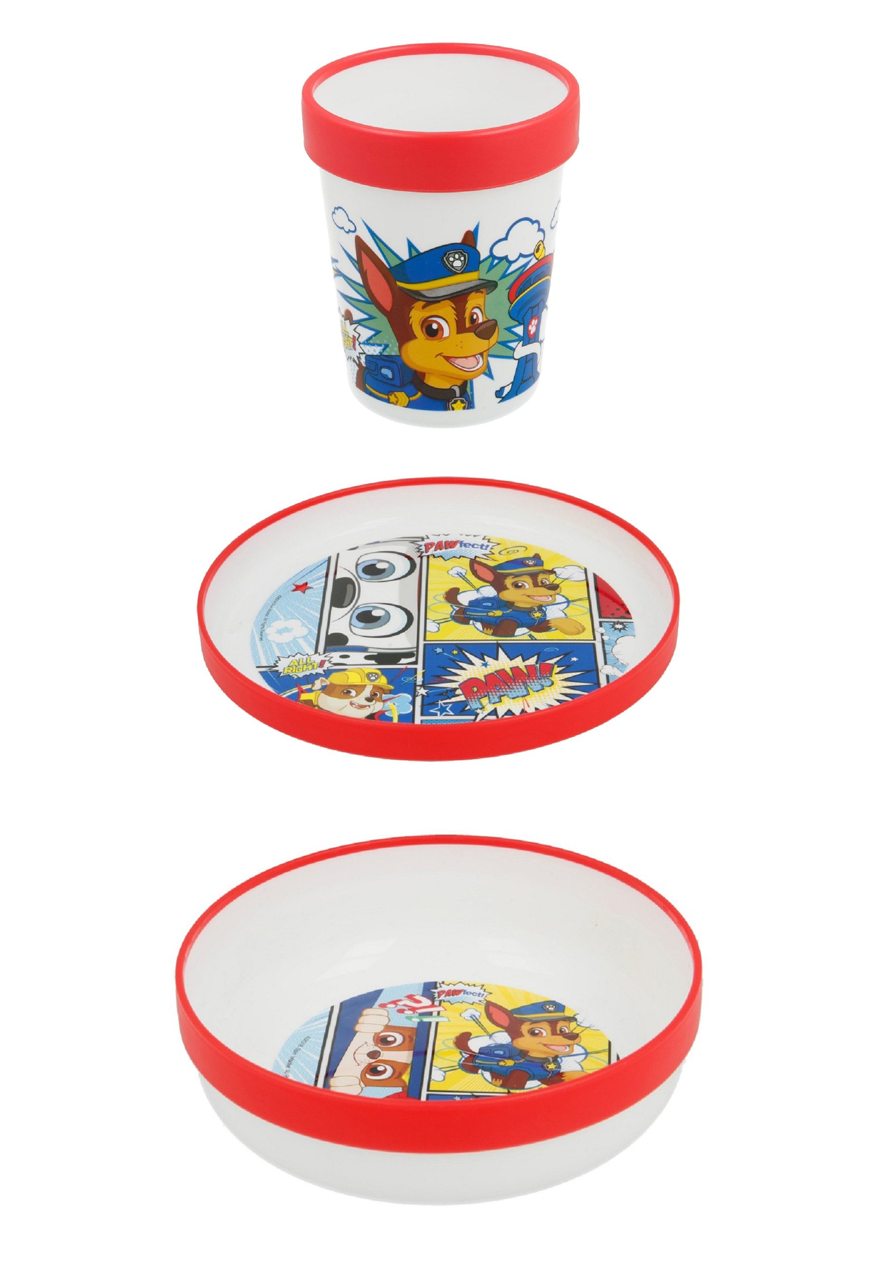 PAW PATROL Kindergeschirr-Set Chase Marshall Kinder Geschirr-Set Teller Schale Becher Geschenk-Set (3-tlg), BPA-Frei