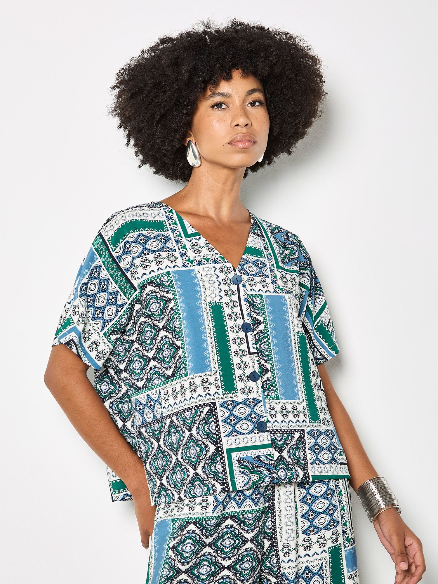 Apricot Klassische Bluse Folk-Patchwork-Bluse mit Muster