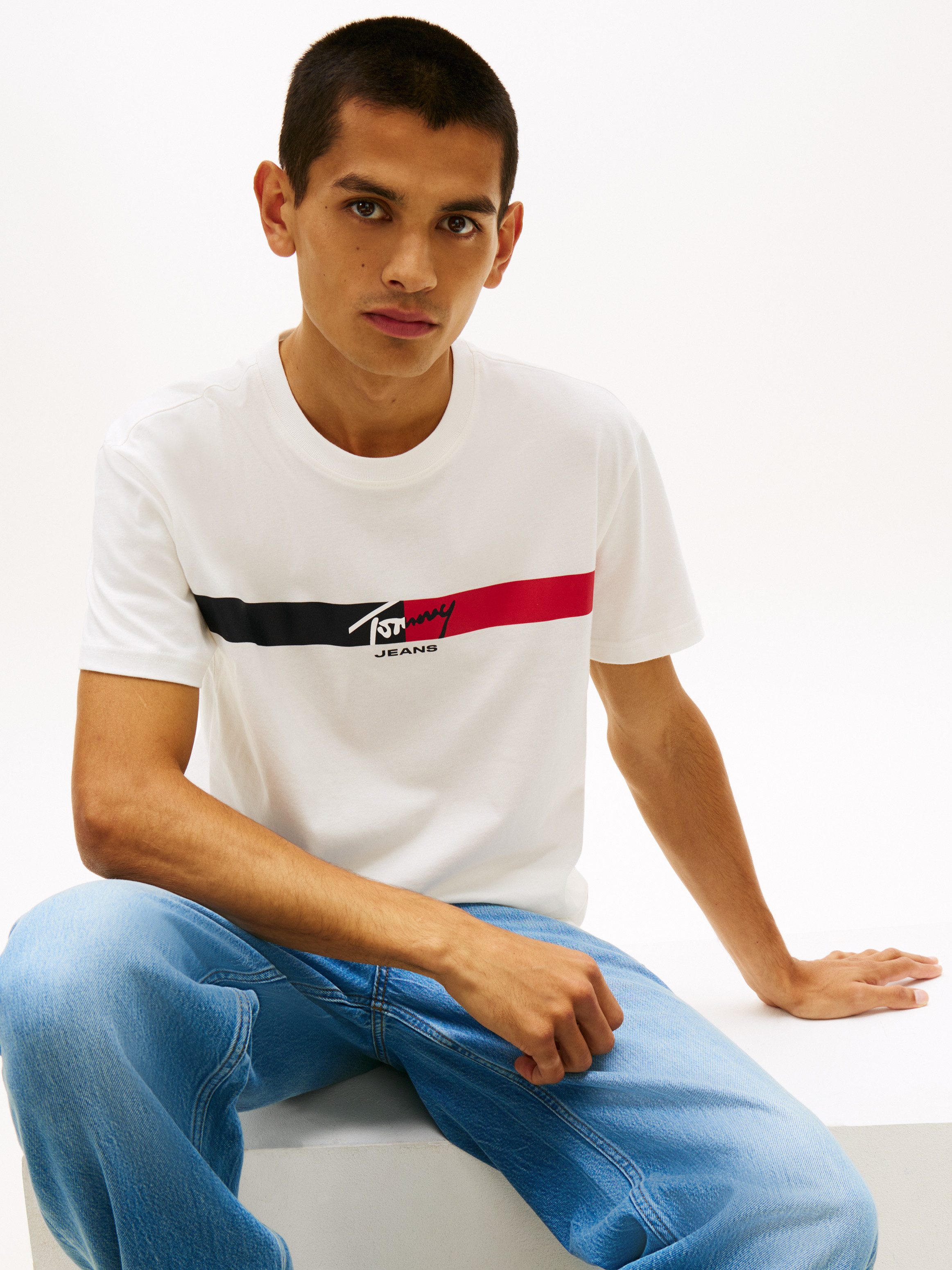 Tommy Jeans T-Shirt TJM REGULAR FIT SIGNATURE STRIPE mit Label-Print