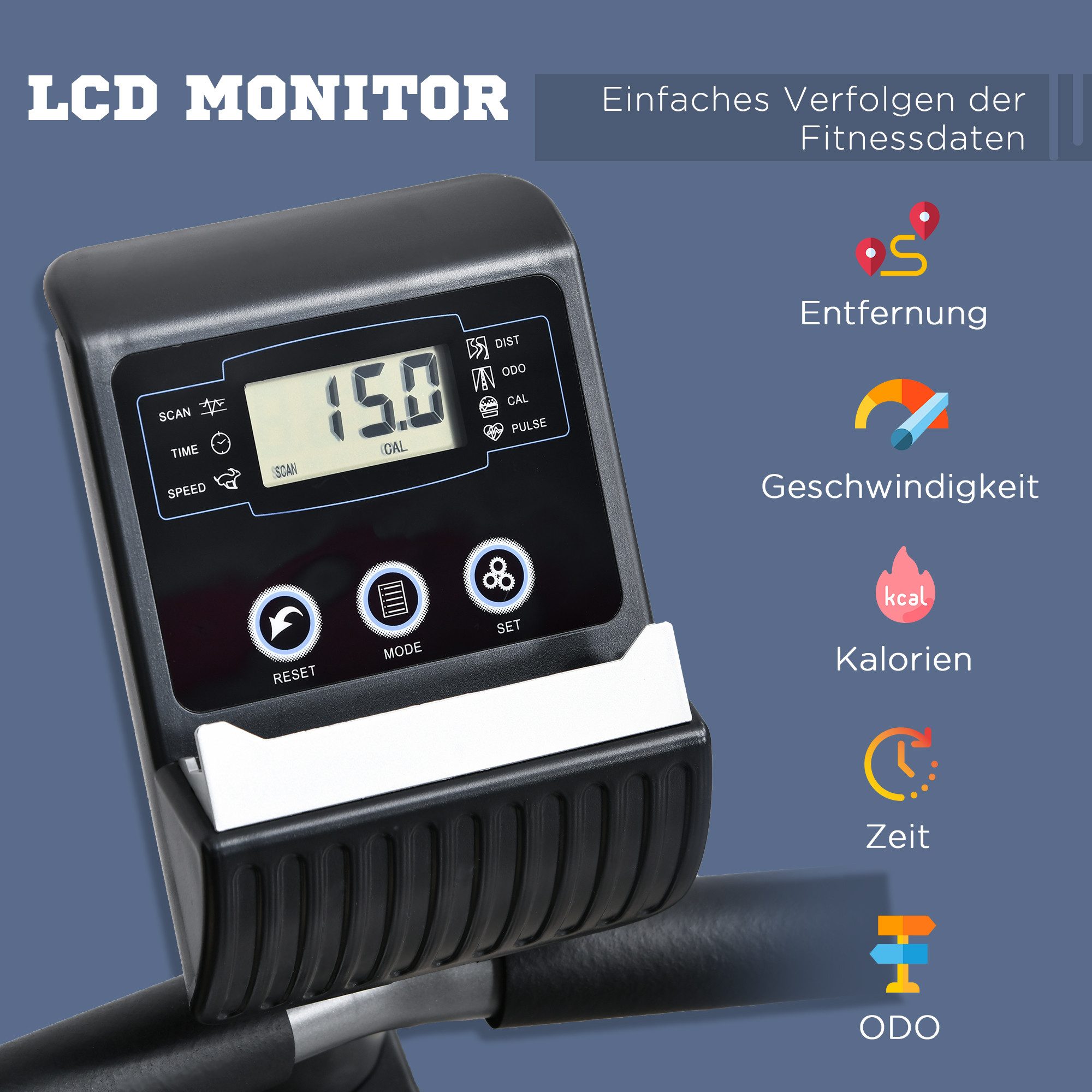 HOMCOM Heimtrainer mit LCD-Anzeige 8-stufig Magnetwiderstand Liegefahrrad (Heimtrainer Fahrrad, 1-tlg., Liegeheimtrainer), Metall ABS 121,5-136 x 62,5 x 98 cm – Bild 4 von 5