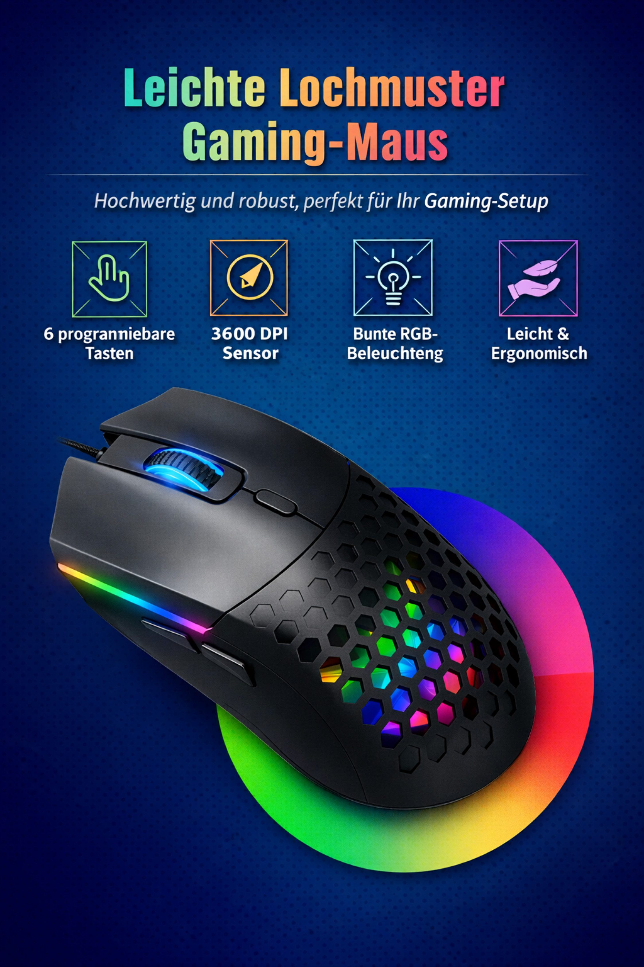 RUHE Gaming Maus RGB Kabelgebunden Maus Beleuchtung Plug & Play Laut Gaming-Maus (kabelgebunden, RGB, USB Optische Gamer Maus mit Kabel, für Spiele und Büro, 6400 dpi, 1,5M Einstellbar DPI Schwarz Weiß 6 Tasten für Laptop/PC/Mac/Computer)