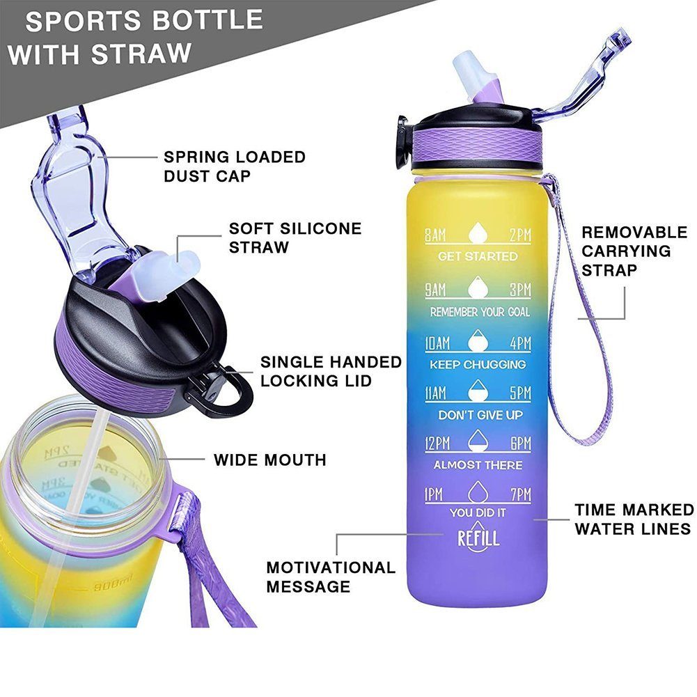 Orbeet Feldflasche Trinkflasche Sport Water Blau Bottle,mit Trinkhalm, Gelb Fassungsvermögen Violett 1L