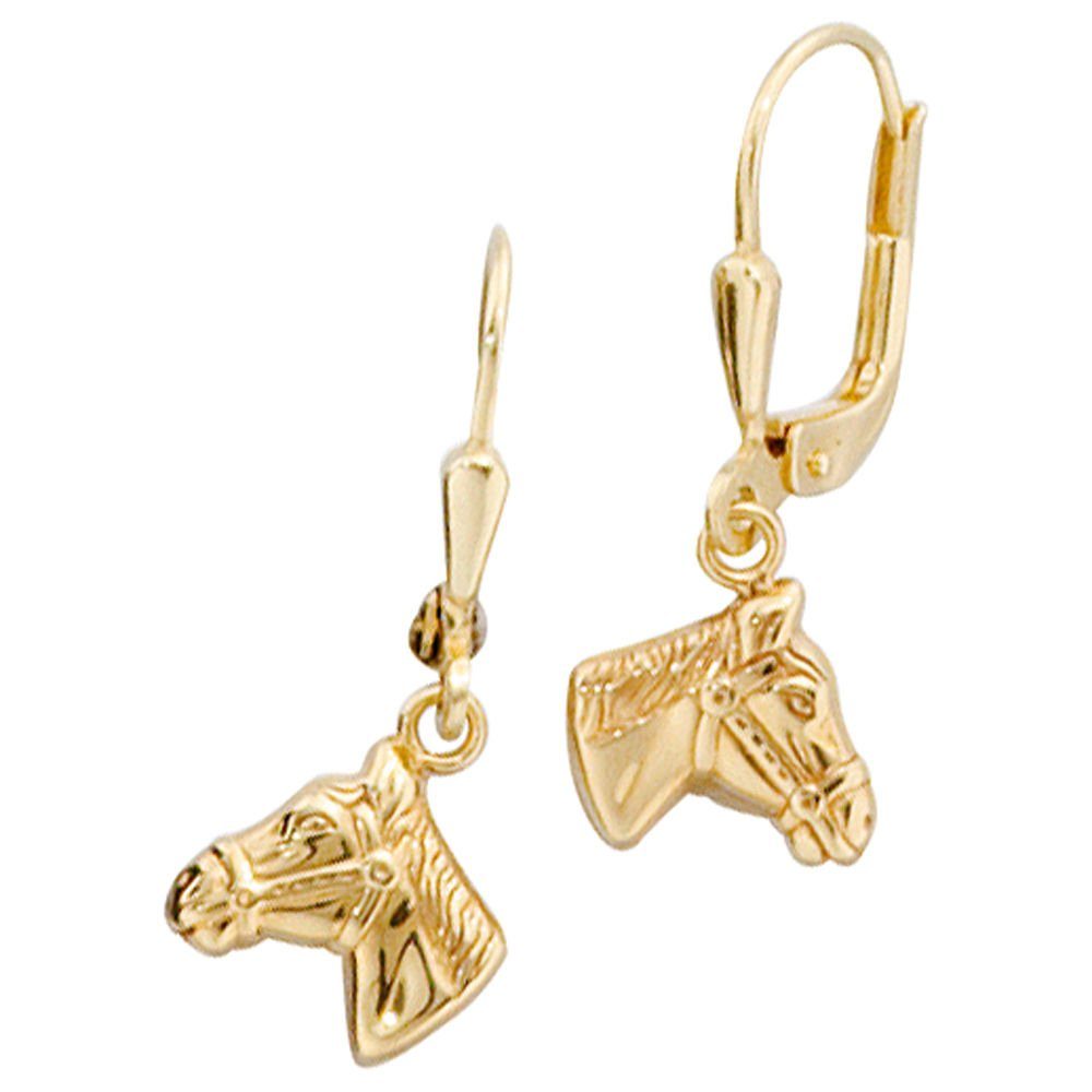 Gold Schmuck Paar Pferdeköpfe Ohrhänger Echt Damen, 333 Pferde Ohrringe Ohrhänger Krone 333 Ohrschmuck Gelbgold Gold