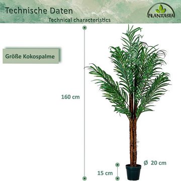 Kunstbaum Künstliche Kokos Palme Kunstpflanze Kunstbaum Kokos Palme, PLANTASIA, Höhe 160,00 cm, 160 cm, 420 Blätter, Echtholzstamm