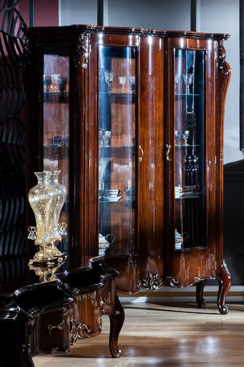 Casa Padrino Vitrine Luxus Barock Vitrine Dunkelbraun / Gold - Handgefertigter Massivholz Vitrinenschrank mit 2 Glastüren - Barock Möbel