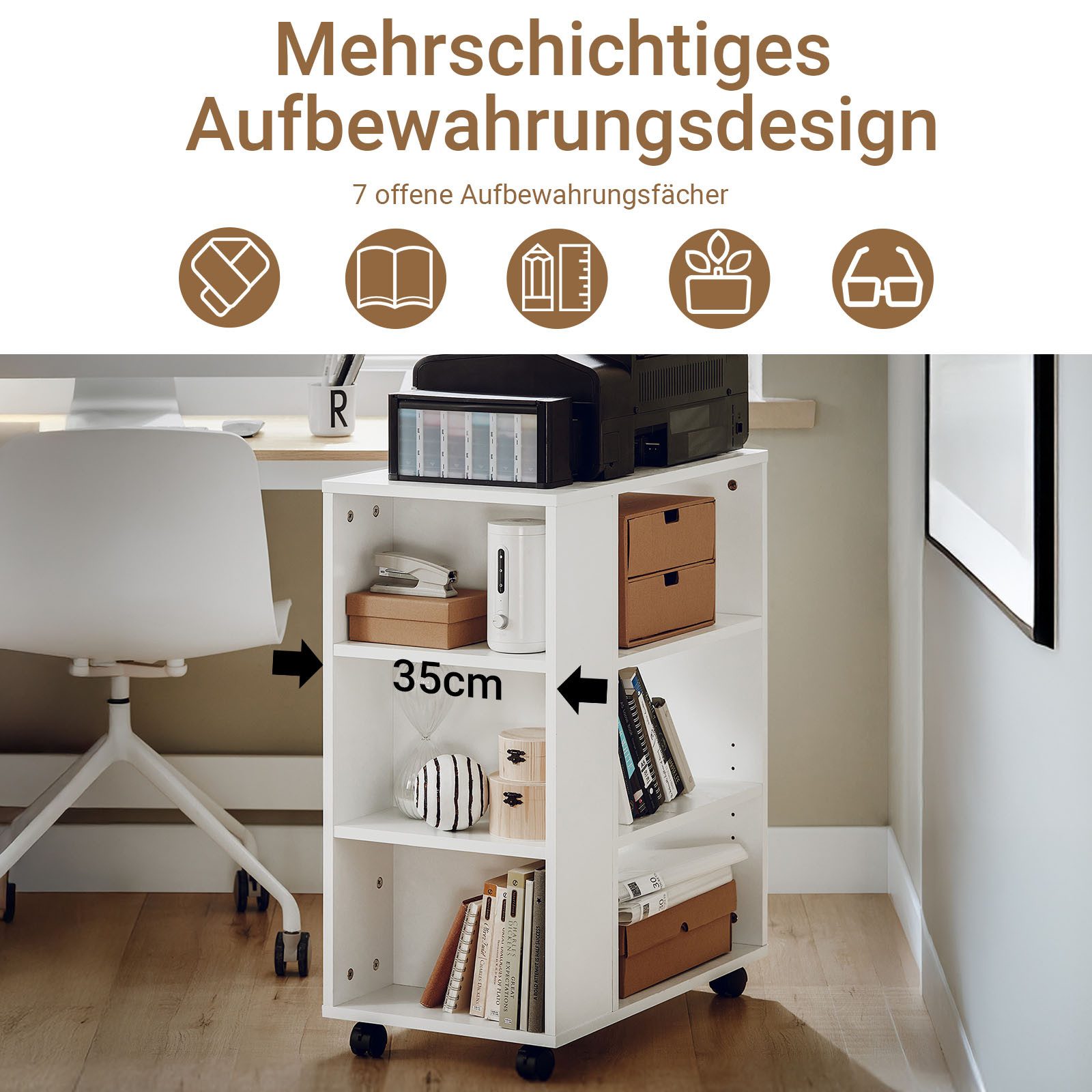 SoBuy Druckertisch FBT68, Druckerschrank mit Rollen, Beistelltisch für Büro & Homeoffice, mit 7 Ablagen Rollcontainer Bürowagen Beistellwagen Aktenwagen