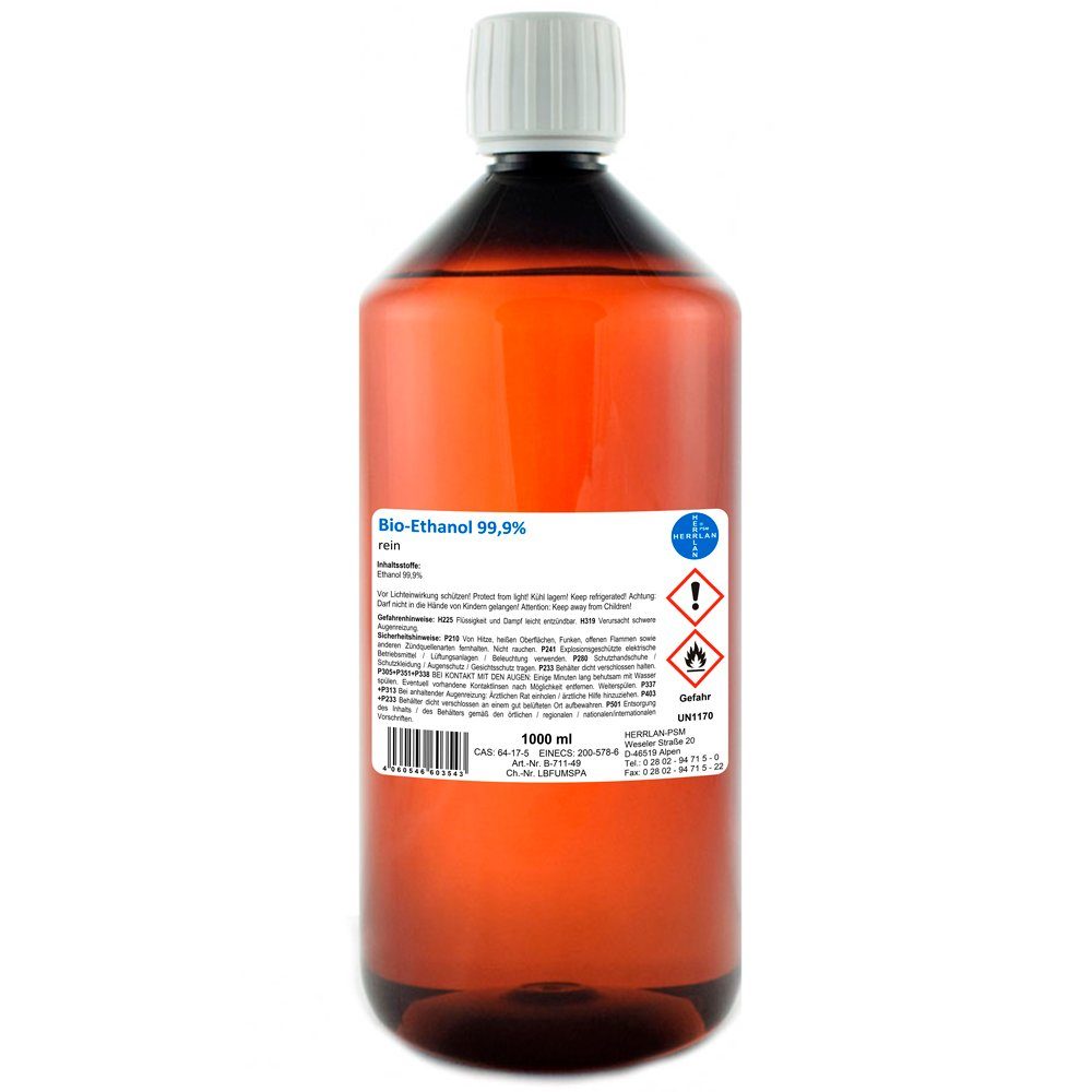 HERRLAN Bioethanol Kamin-Ethanol, 99,98% Alkohol-Gehalt, wasserfrei, 1 l, HERRLAN-Qualität I Made in Germany