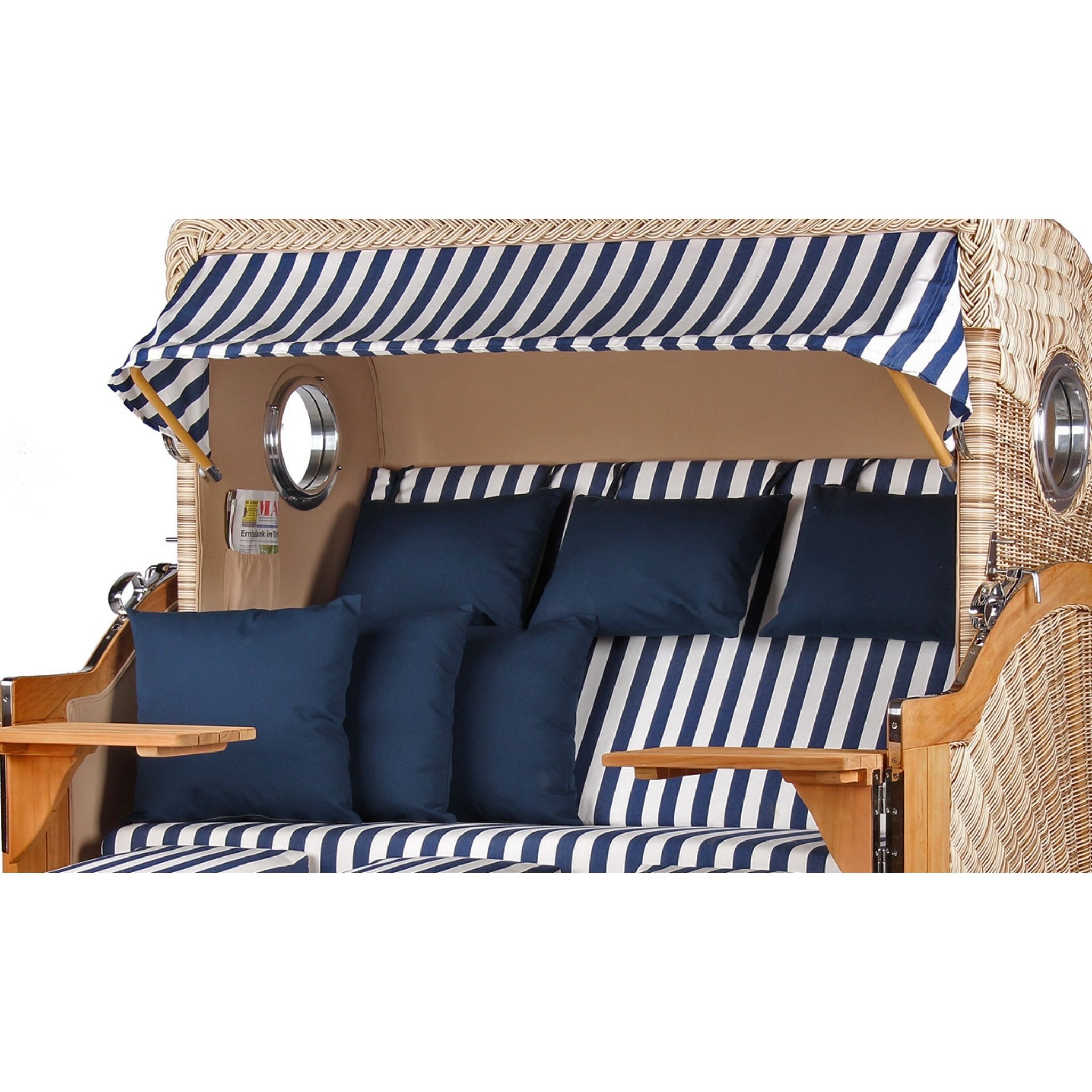 MR.DEKO Strandkorb XXL 3-Sitzer Teak Volllieger 170cm Bullauge Blau Weiß für 3 Personen, BxTxH: 170x95x170 cm, Volllieger, Baltikum XXL, (Luxus-Komplettset 4-tlg. inkl. Abdeckhaube, 4-tlg., Strandkorb inkl. Abdeckhaube, Rollen und Lifter-System), Wetterfestes Komplettset mit Rollen & Lifter, Fertig montiert