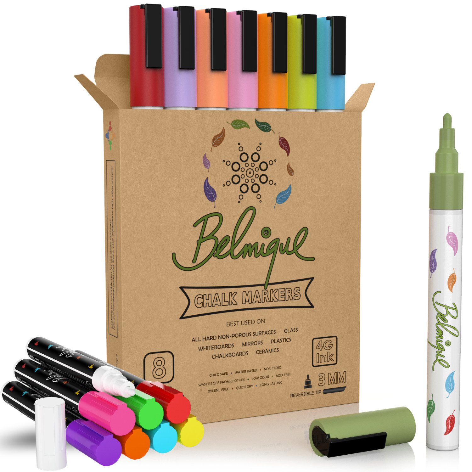 Belmique Malkreide Kreidemarker - Kreidestifte Pastellfarben, (Set, 16-tlg), Ideal für Tafel, Fenster, Whiteboard - Feine Rund-& Schrägkeilspitze