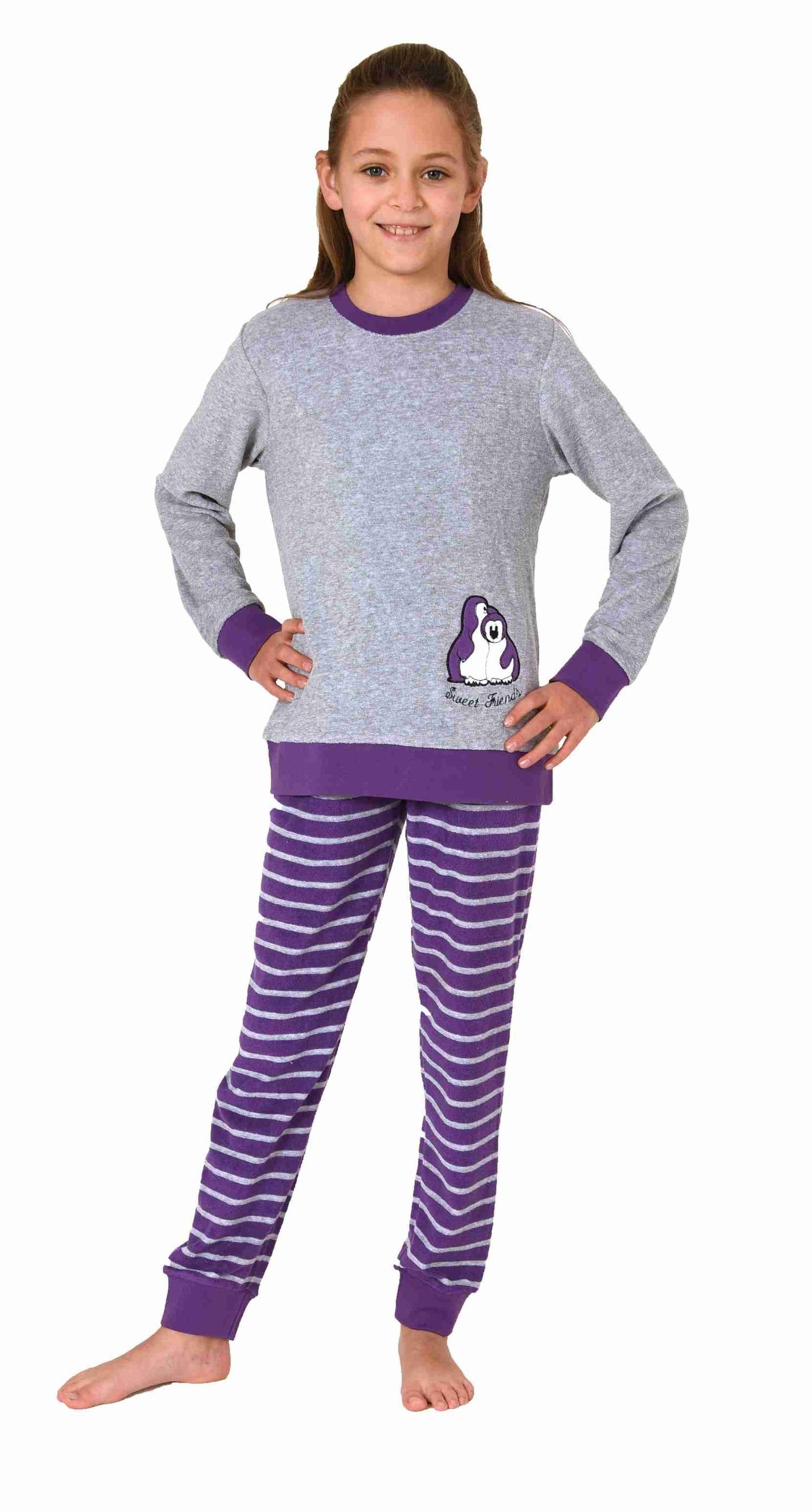 Normann Pyjama Mädchen Frottee Schlafanzug langarm Pyjama mit Bündchen und  niedlicher Pinguin-Stickerei