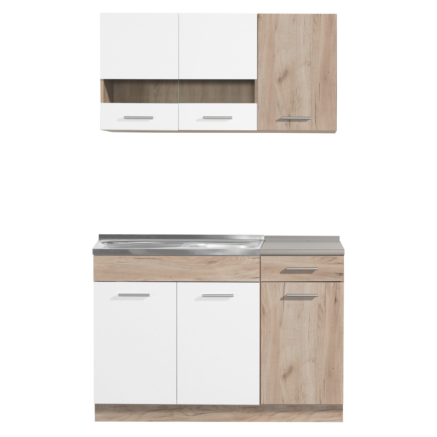 Kitchenette Homestyle4u 120 cm sans électroménager, cuisine simple, meubles de cuisine blanc mat chêne brun (éléments hauts, éléments bas, 2 plans de travail, cuisine équipée), bloc cuisine, cuisine équipée, mini-cuisine