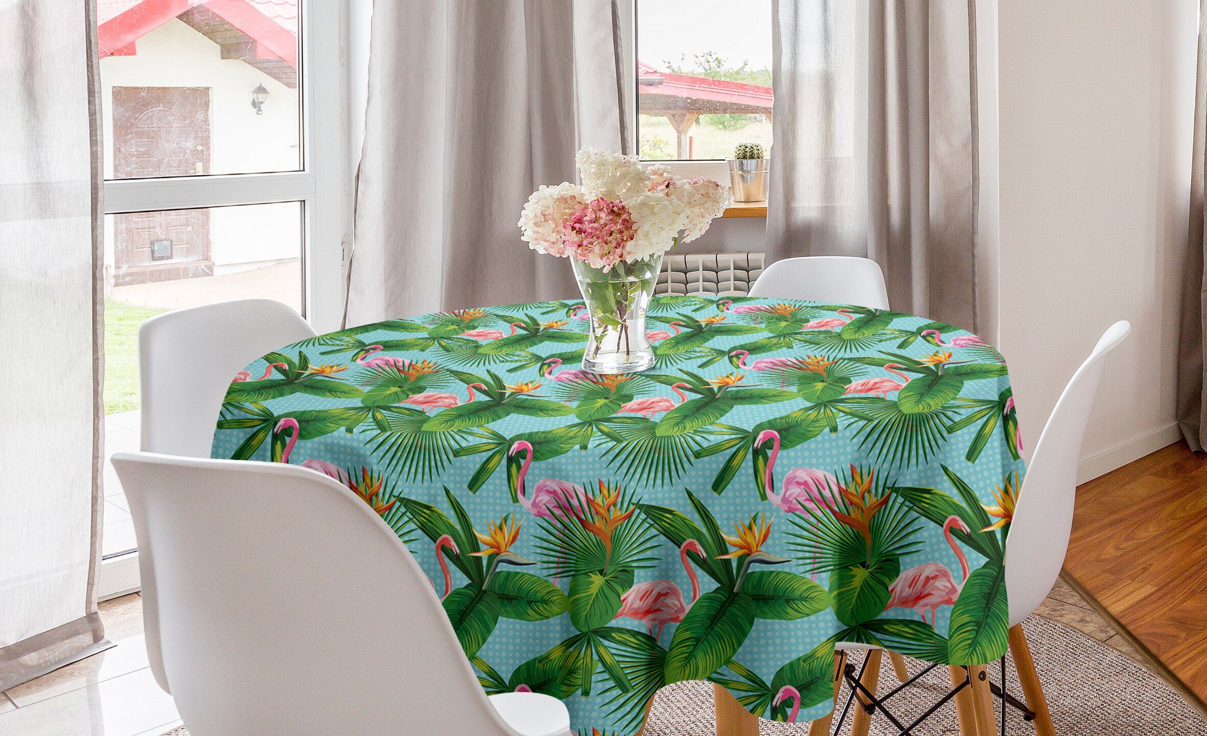 Abakuhaus Tischdecke Kreis Tischdecke Abdeckung Dekoration, Flamingos und Esszimmer Tropical Küche Dots für Blätter