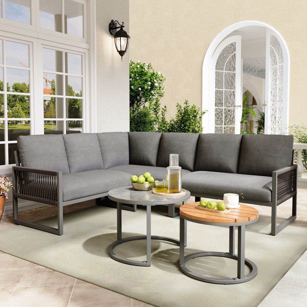BBWL Gartenlounge-Set mit verzinktem Metallrahmen, 2 Couchtischen und Kissen, Gartenlounge Set 6–7 Personen Ecksofa Outdoor Sitzgruppe