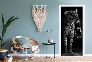 MuchoWow Türtapete Wildtiere - Leopard - Natur - Schwarz - Weiß, Matt, bedruckt, (1 St), Fototapete für Tür, Türaufkleber, 75x205 cm
