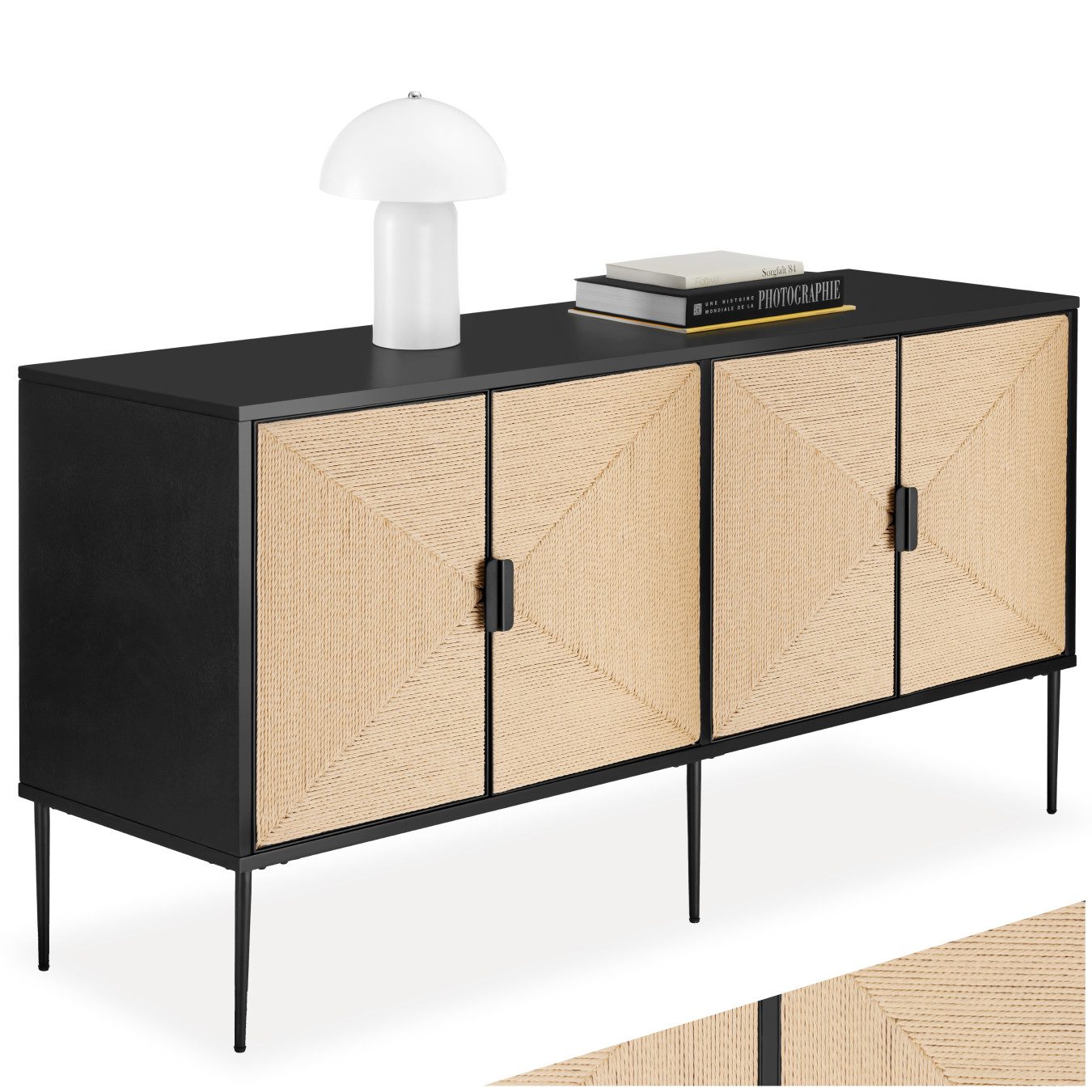 tectake Sideboard Kommode "Juna" – 2 Schrankfächer mit Softclose, im Boho-Stil, aus Holz mit Türen in Jute-Optik